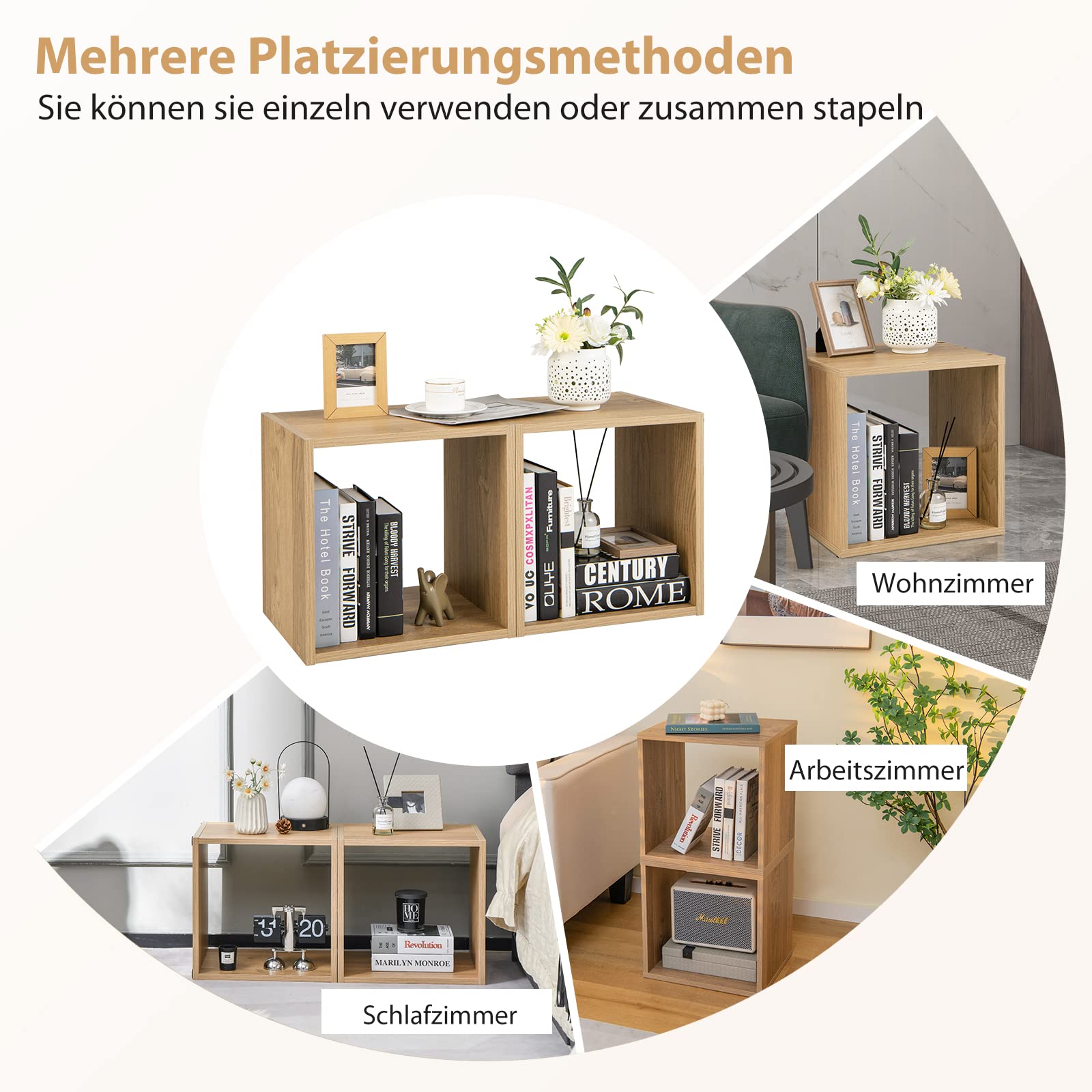 COSTWAY 2er Set Würfelregalen, stapelbares Regalwürfel, Bücherregal, Cuberegal für Wohnzimmer, Schlafzimmer, Arbeitszimmer, Eiche