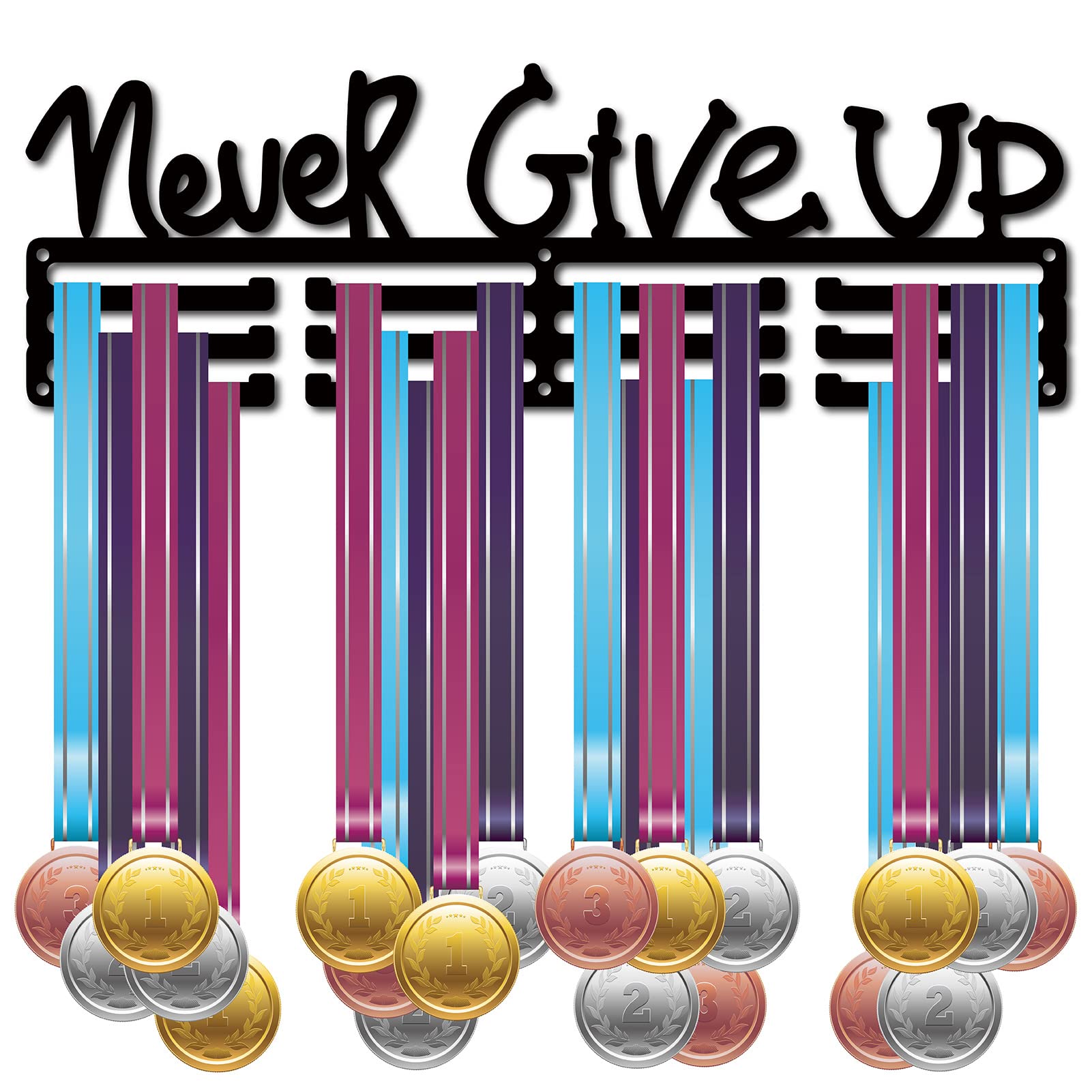 CREATCABIN Never Give Up Porta Medaglie Sportive Espositore Appendiabiti Decorazione Acciaio Metallo Appeso Premio Montaggio A Parete per Conservazione Badge Corsa Calcio Nuoto Oltre 60 medaglie, Nero