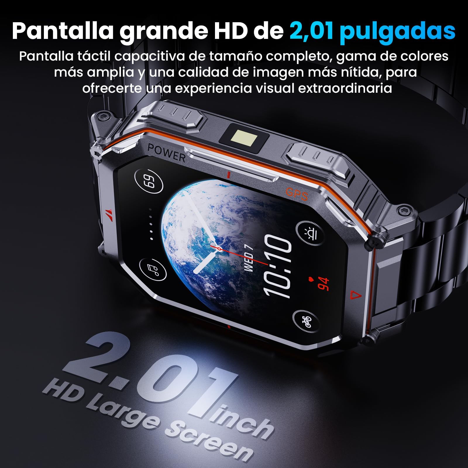 Reloj inteligente militar para hombres Banda de acero, con GPS / brújula, 2.01 "HD Asistente de voz GPT Bluetooth, con linterna led, múltiples modos deportivos, Compatible con Android y iOS (Negro)