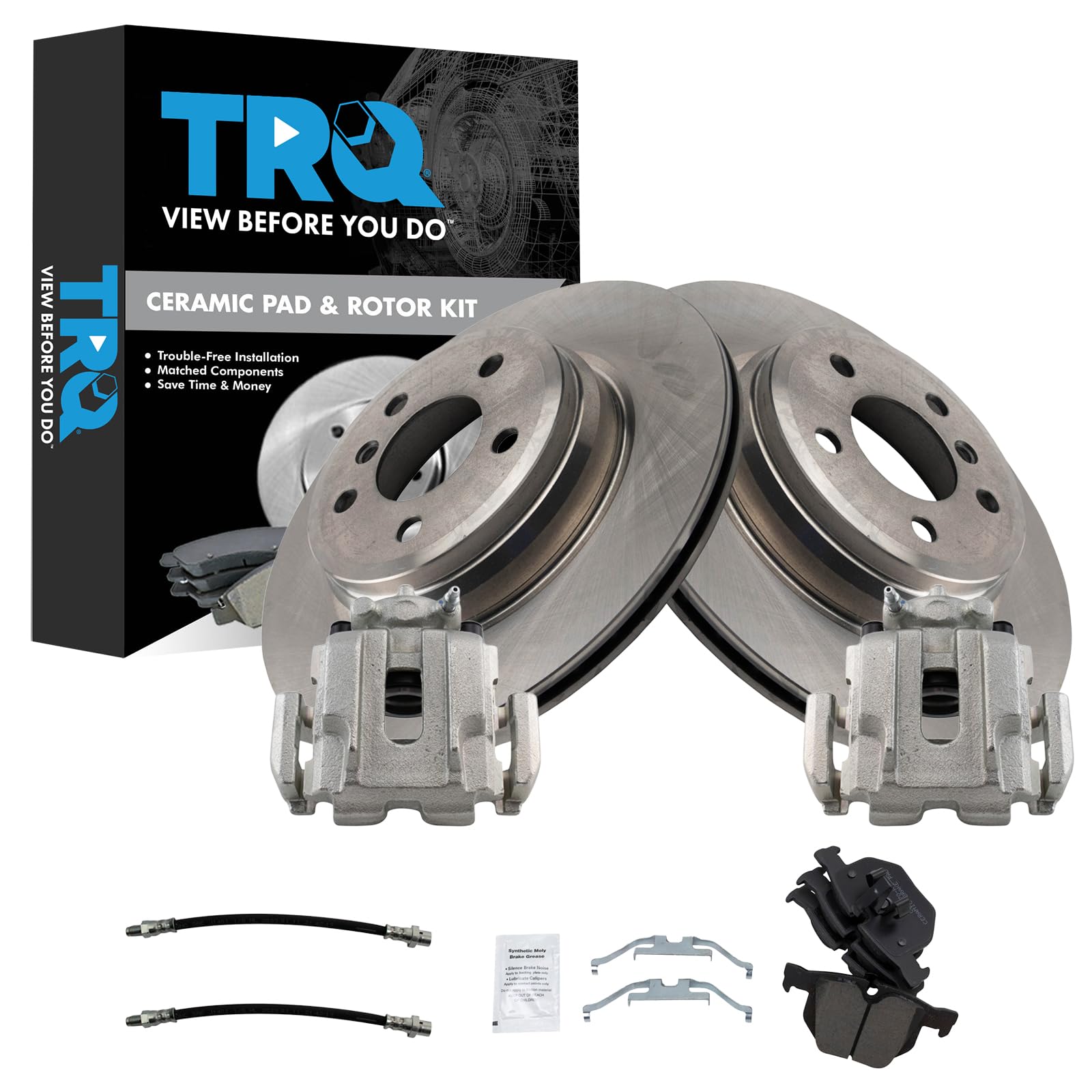 TRQ Rear Brake Pad and Rotor Set Ceramic Calipers Compatible with 2012-2013 BMW 335i