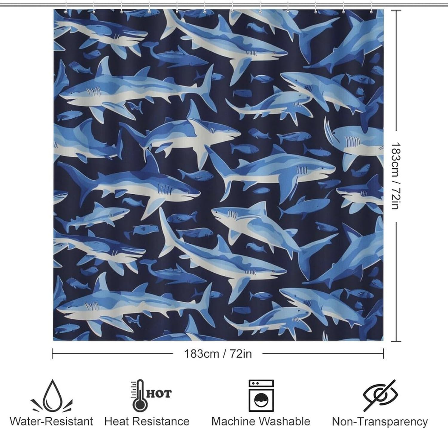 Swimming Shark Shower Curtain Sets with Toilet Lid Cover and Rugs, Modern Sea Animals Pattern Bathroom Decor Set with Rug U Shape Mat, Waterproof Shower Curtain with 12 Hook 4Pcs