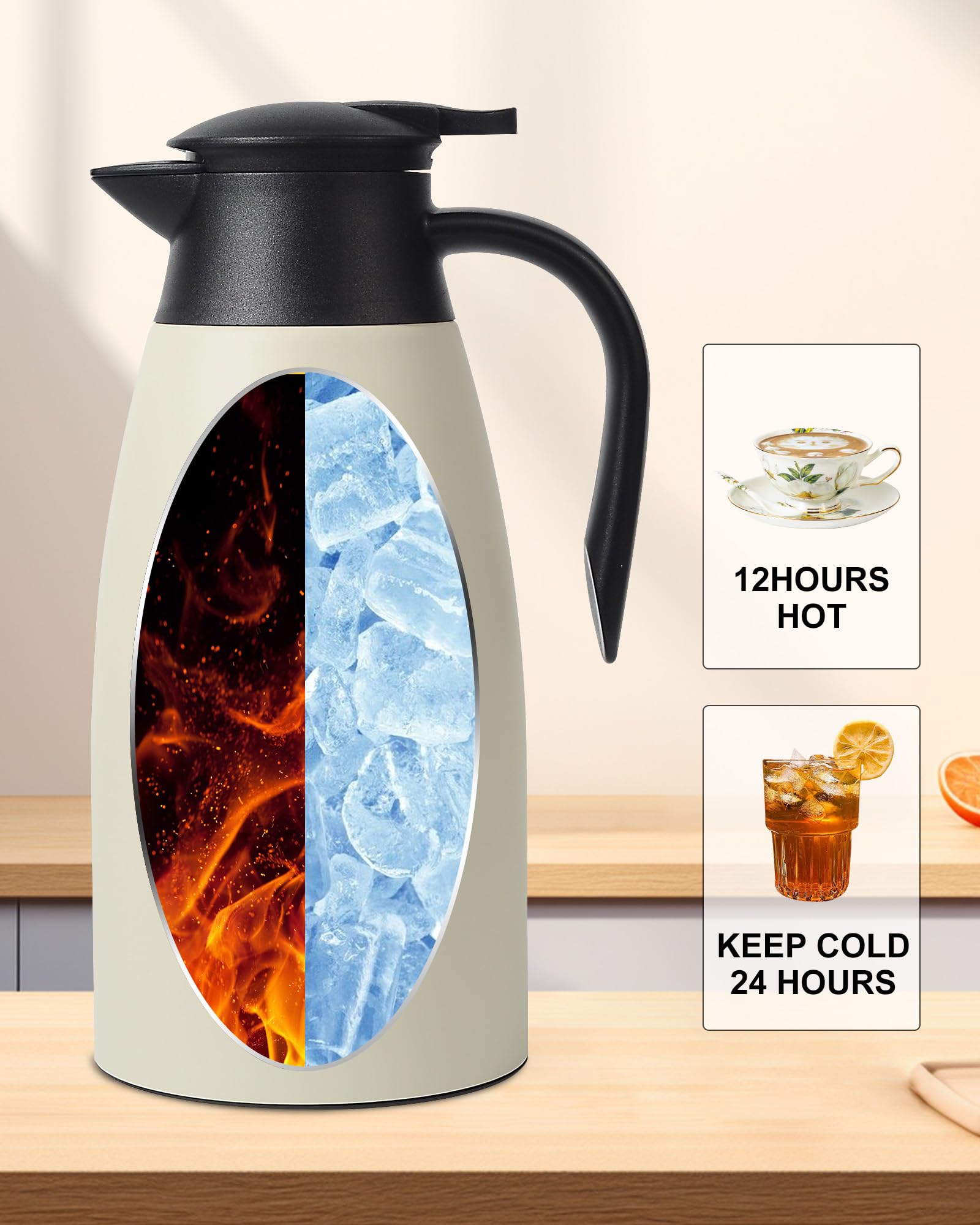 Jarra térmica de café de 70 onzas, jarra de café de acero inoxidable aislada actualizada para mantener el café caliente y el agua caliente, 12 horas, jarra de café al vacío de doble pared (blanco)