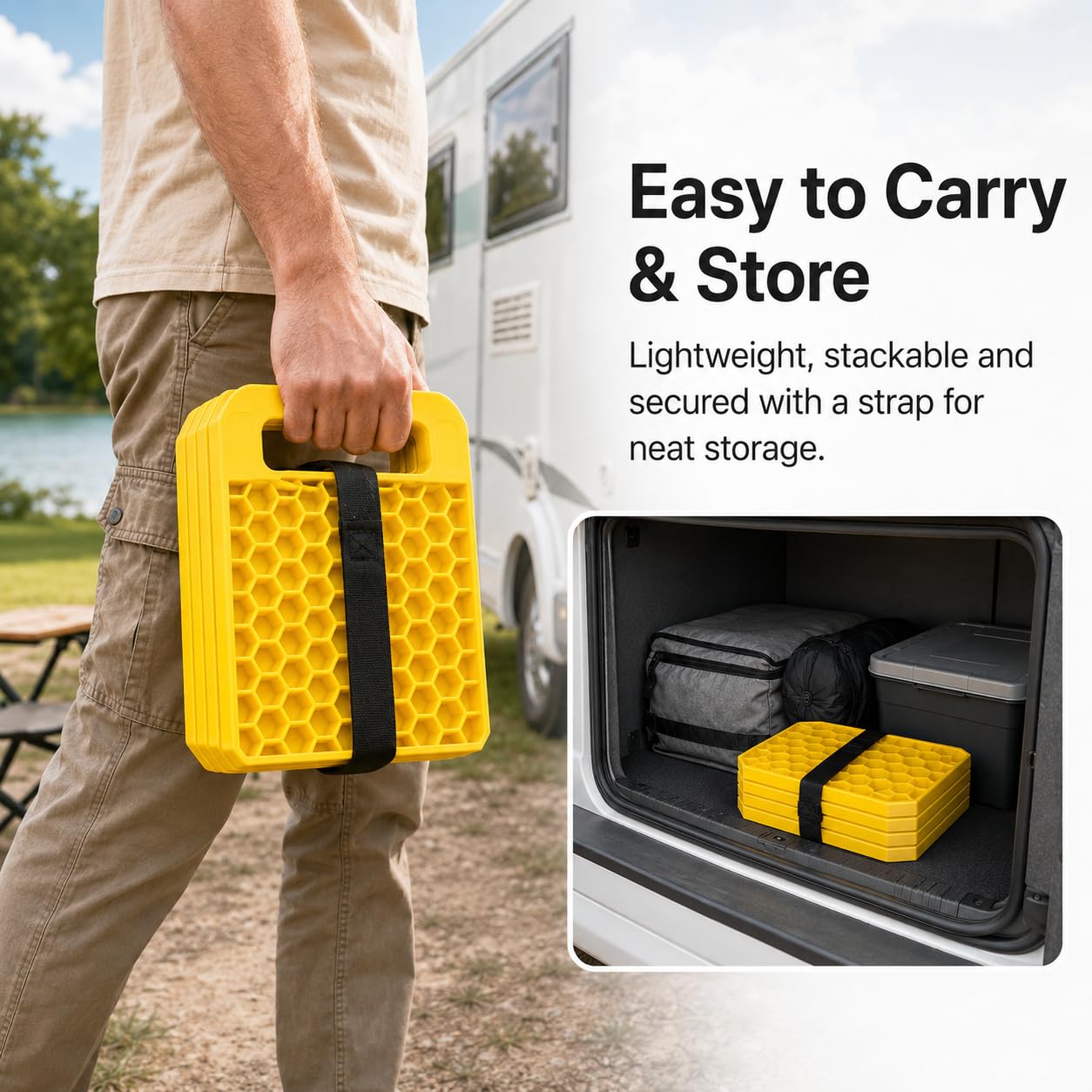 Tapis de cric de camping-car, bloc de nivellement avec structure renforcée, antidérapant, résistant aux intempéries pour empêcher les crics de l'évier pour caravane et camping-car (jaune)
