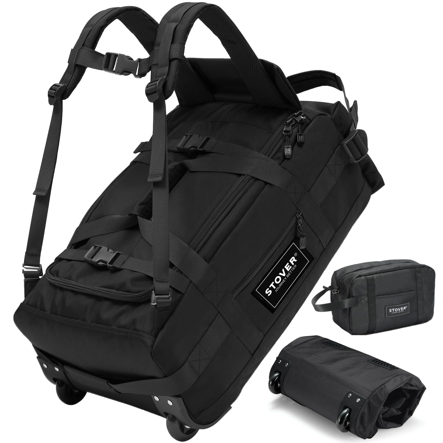 STOVER 45L Carry-On U-Zip Rolling Duffel Bag Black
