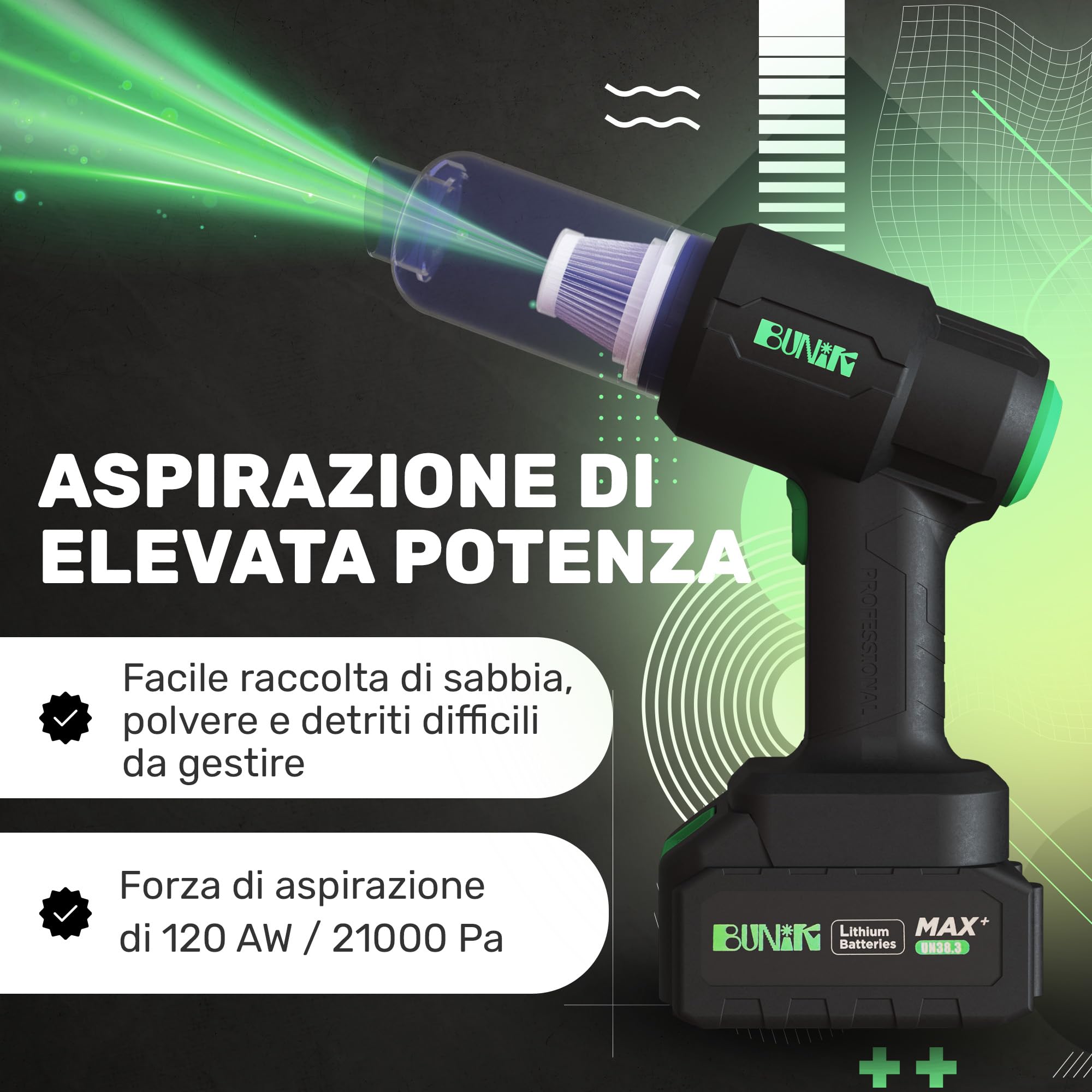 BUNIK Aspirapolvere auto potente - 21000Pa, 37 minuti durata - Aspiratore e Soffiatore con Motore Brushless aspirapolvere portatile - Mini Aspirapolvere per Auto Casa Ufficio Peli di Domestici