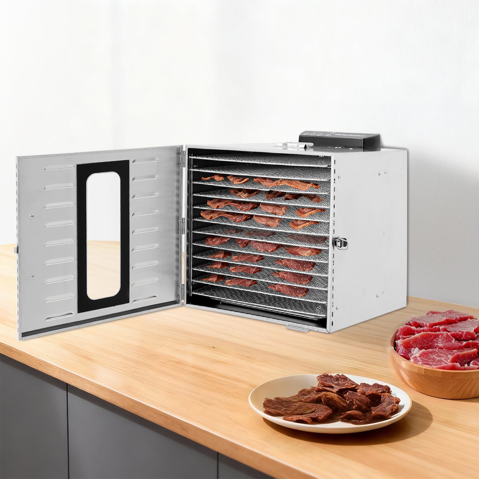 Déshydrateur en acier inoxydable 12 niveaux 1000W 30-90°C | 12 grilles et ventilateur de séchage à 360° avec minuterie pour fruits, légumes, herbes, viande et noix