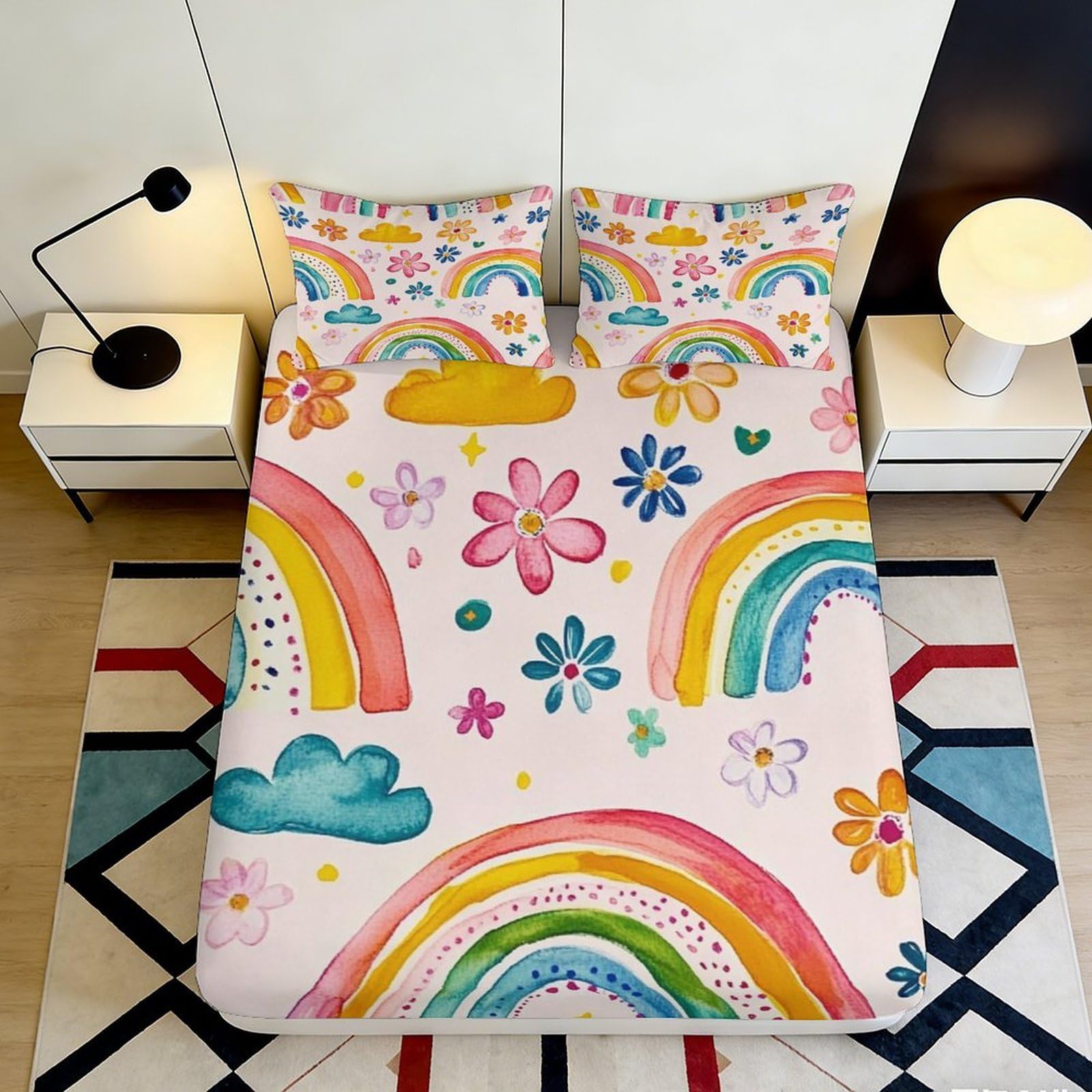 3D Printed Rainbow Floral Fitted Sheet Microfiber Soft Breathable Pastel Clouds Bed Cover for Bedroom Dorm Decor 120x200x25cm