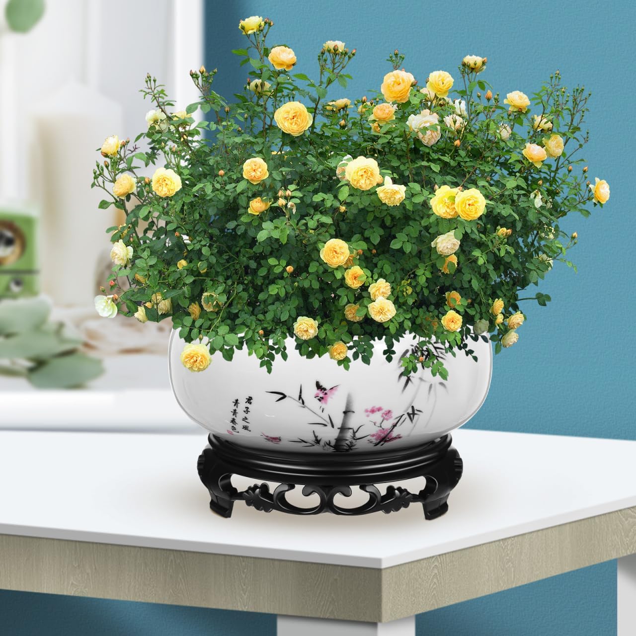 Angoily Lotus Bowl Planter, Water Lily Bowl, Water Lily Pot, Ceramic Planter Pot, Round Ceramic Hydroponic with Plastic Base, Classic Pottery Container for Indoor Plant Storage Decorative Home Office