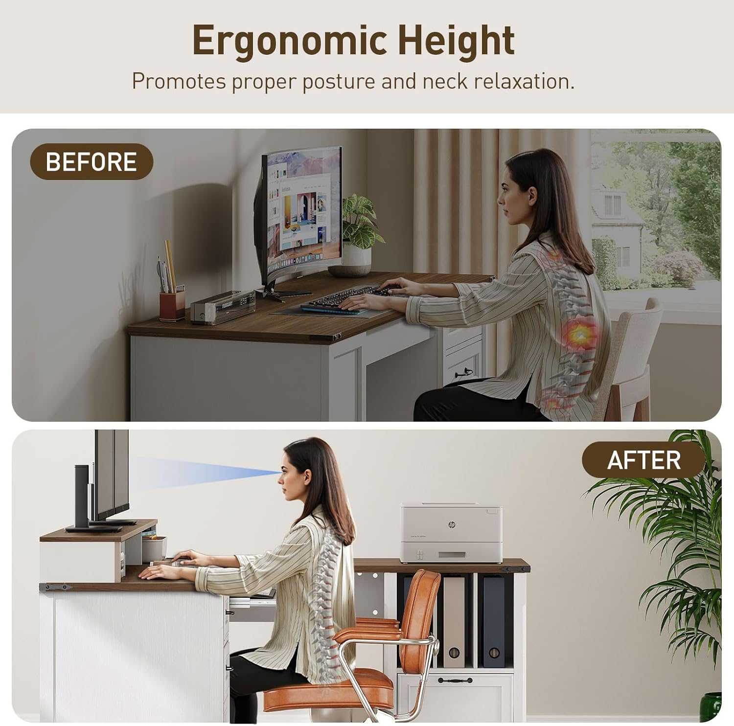 RALGEND Farmhouse 69" Executive L Shaped Desk with Drawer, Home Office Desk with Charging Station, Corner Computer Desk with Monitor Stand, File Drawer, Storage Cabinet, White and Walnut