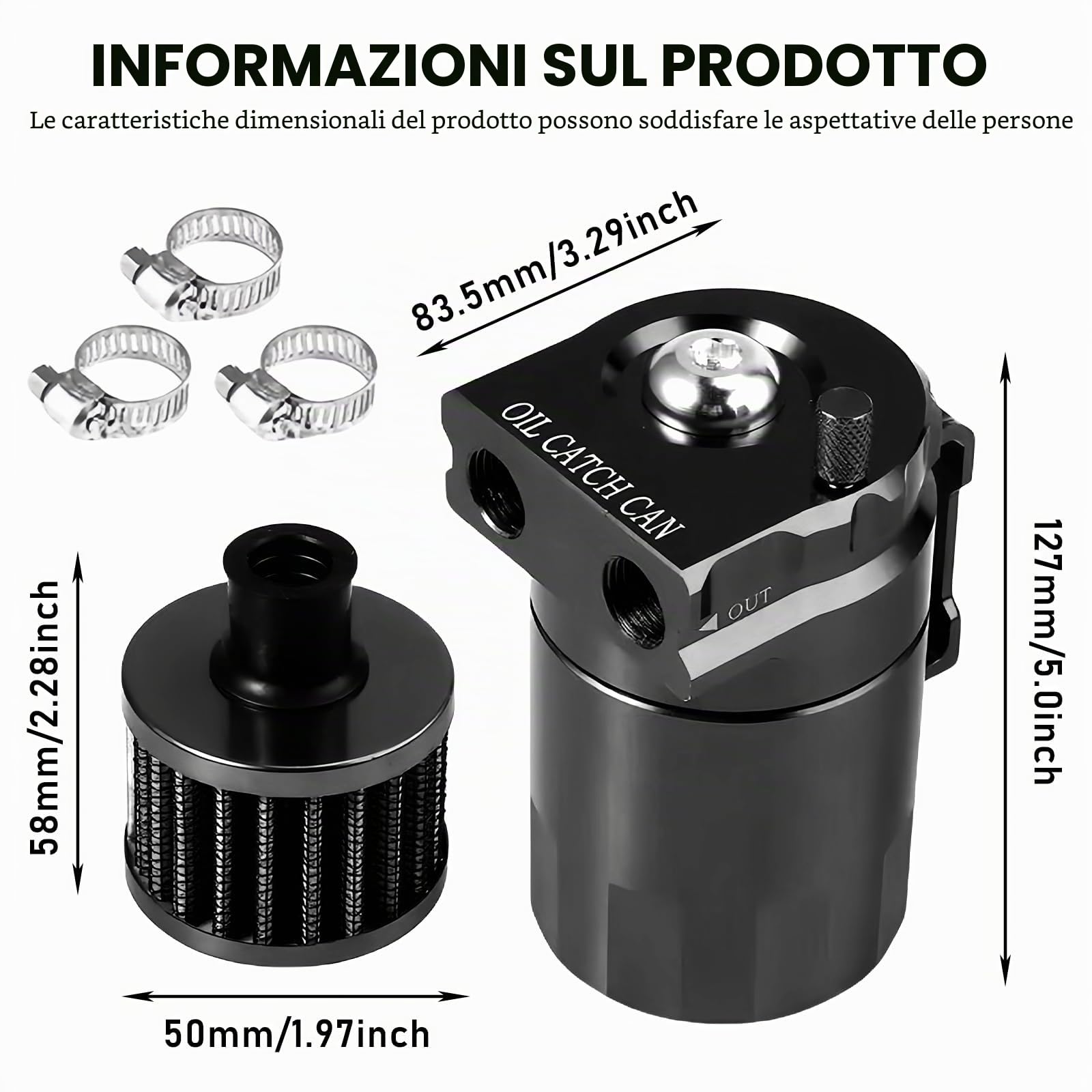 Serbatoio per olio con filtro dell'aria, 300 ml, serbatoio per olio in alluminio, serbatoio per olio, serbatoio per auto con accessori, 3/8" Fuel Line (nero)