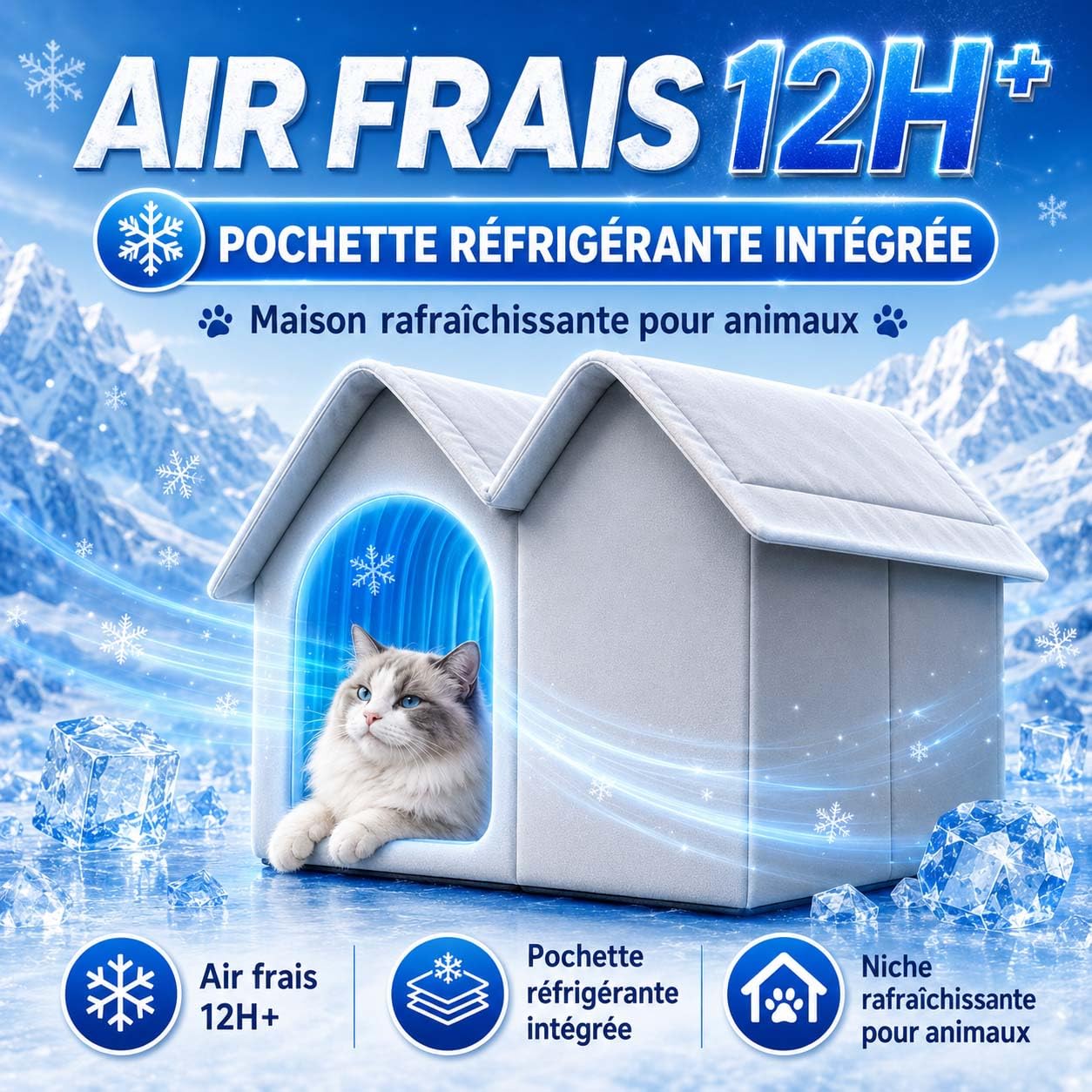 Maison Rafraichissante pour Chat - avec 6 Packs De Glace, Cabane Rafraichissante Chat, Maison RafraîChissantes Pliable pour Petites, Moyennes Et Grandes Races (Gris,60 * 42 * 38CM)