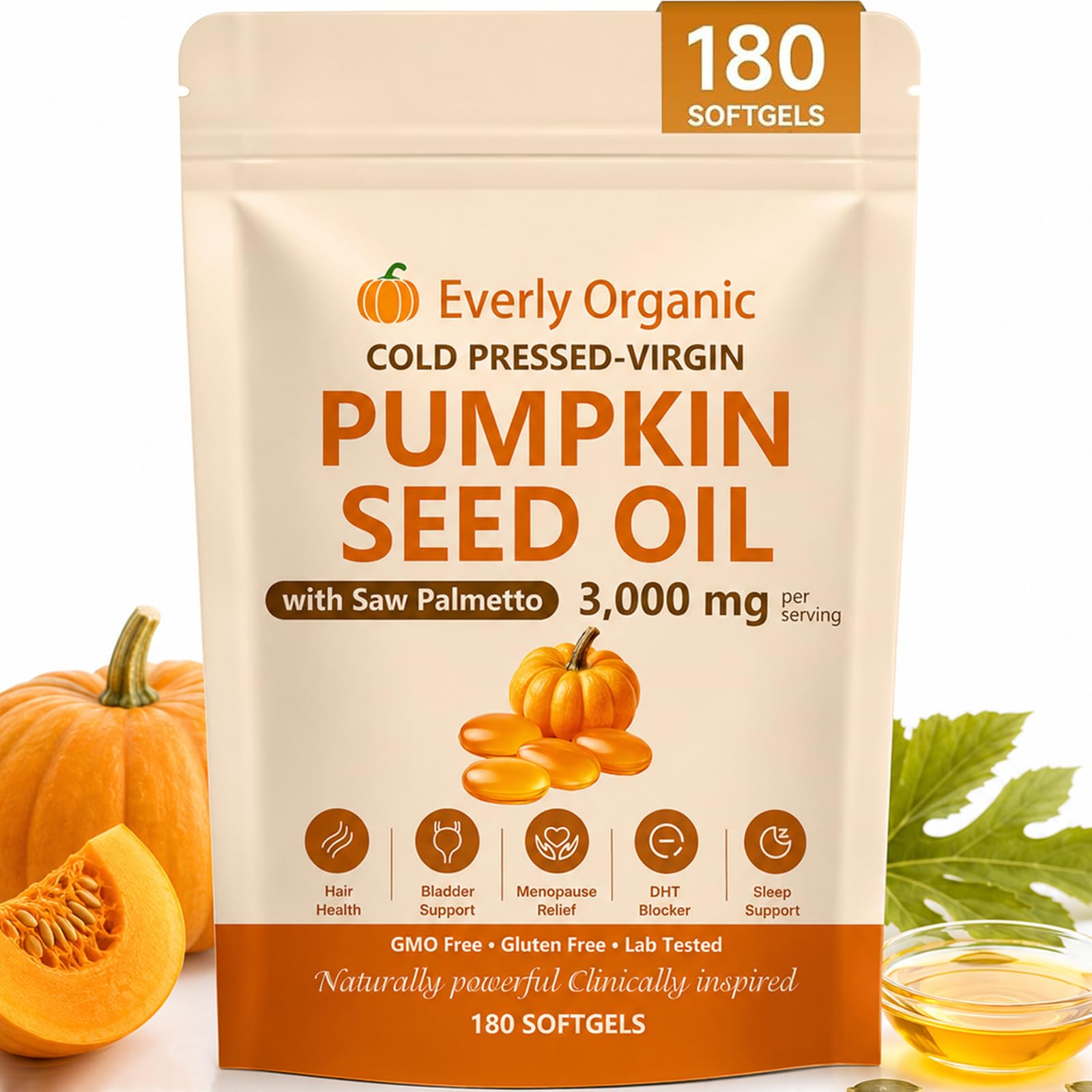 Everly Pumpkin Seed Oil, Everly Pumpkin Seed Oil with Saw Palmetto, Rich in Fatty Acids,180ct