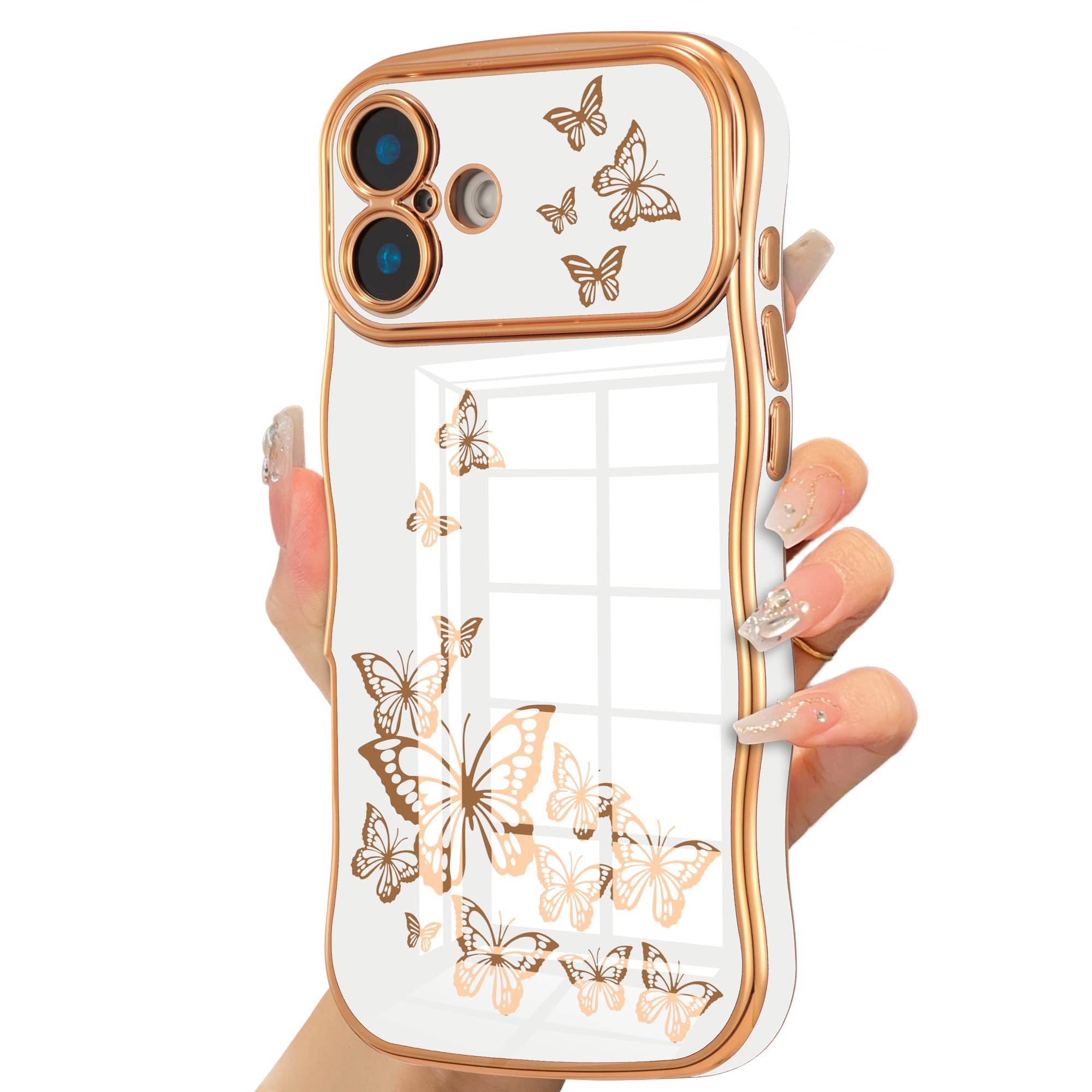 ZTOFERAfor iPhone 16 Case for Girl Women, Cute Curly Wave Frame with Luxury Plating Butterfly Pattern, Soft TPU Electroplated Edge Shockproof Raised Lens Protection Phone Case for iPhone 16, White