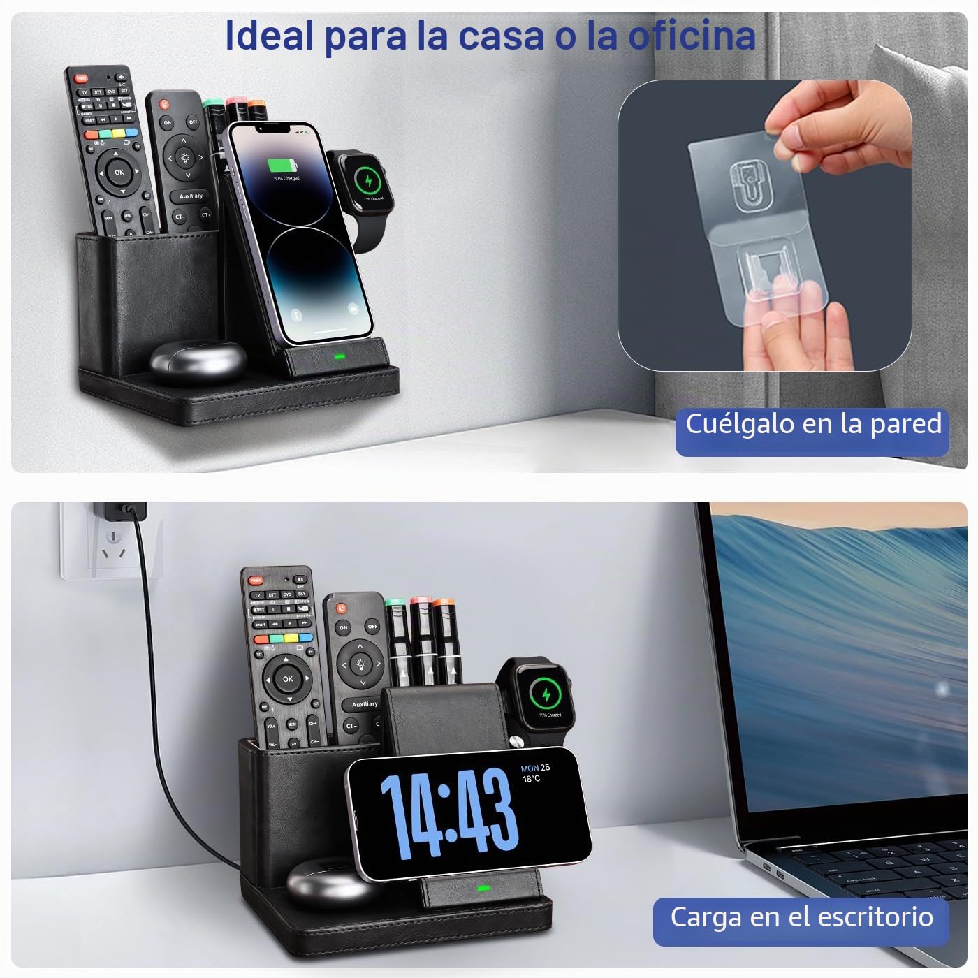 GORESE Estación de carga inductiva, cargador inalámbrico 3 en 1 con organizador de escritorio, soporte de pared de 30 W, cargador inalámbrico compatible con iPhone 15/14/13/12/11/Pro/Max/XS iWatch