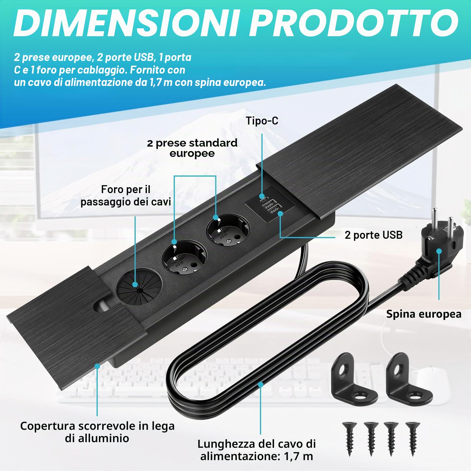 Ciabatta elettrica da incasso a scomparsa, 2 scomparti con USB C | e coperchio scorrevole, presa da tavolo, presa a scomparsa, per scrivania, cucina, ufficio, tavolo da conferenza