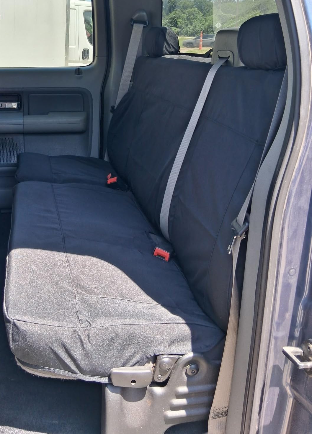 Durafit Seat Covers Made to fit, 2004-2008 Ford F150 Rear Solid Back 60/40 Split Bottom Seat with Adjustable Headrests. Made in Black Velour