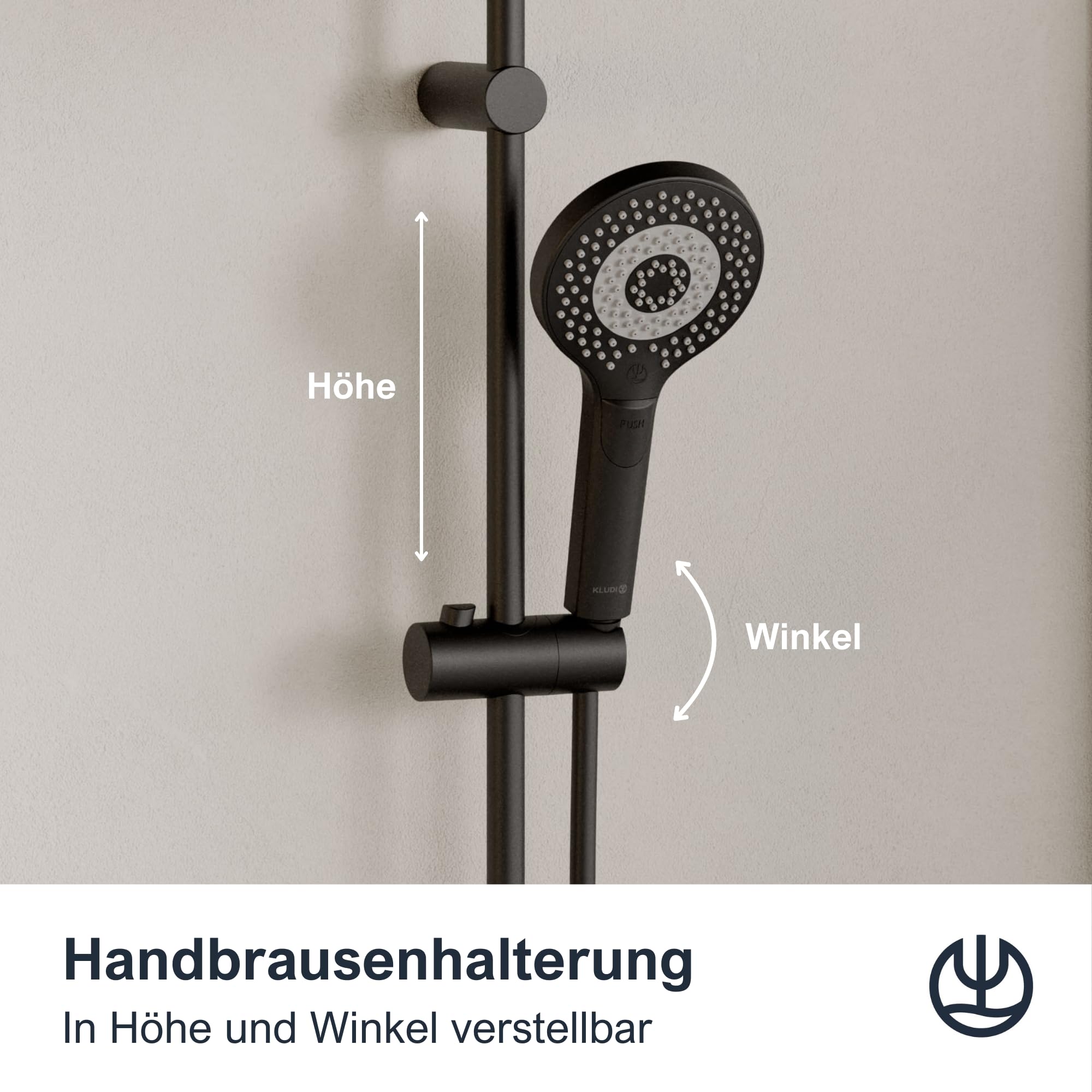 KLUDI-X1 Duschsystem mit Kopf- und Handbrause, Thermostat Dual Shower System, Mattschwarz, Wandmontage, Thermostatarmatur, Ø 250 mm Kopfbrause, 3 Strahlarten, 6906739-81