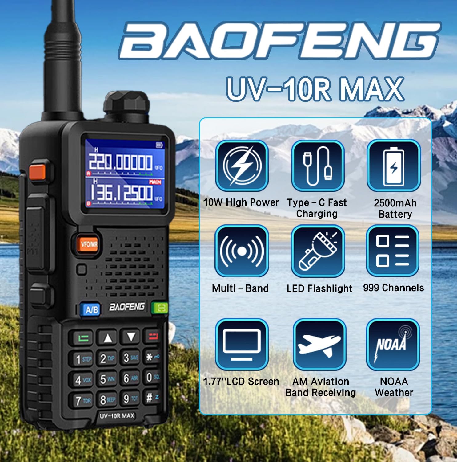 BAOFENG UV-10R MAX Ham Radio Handheld 10W Long Range Rechargeable Walkie Talkies Tactical NOAA Weather Two-Way Radios with 2500mAh USB-C Charging Battery,Mic for Survival Gear,Adults,Gifts,2 Pack