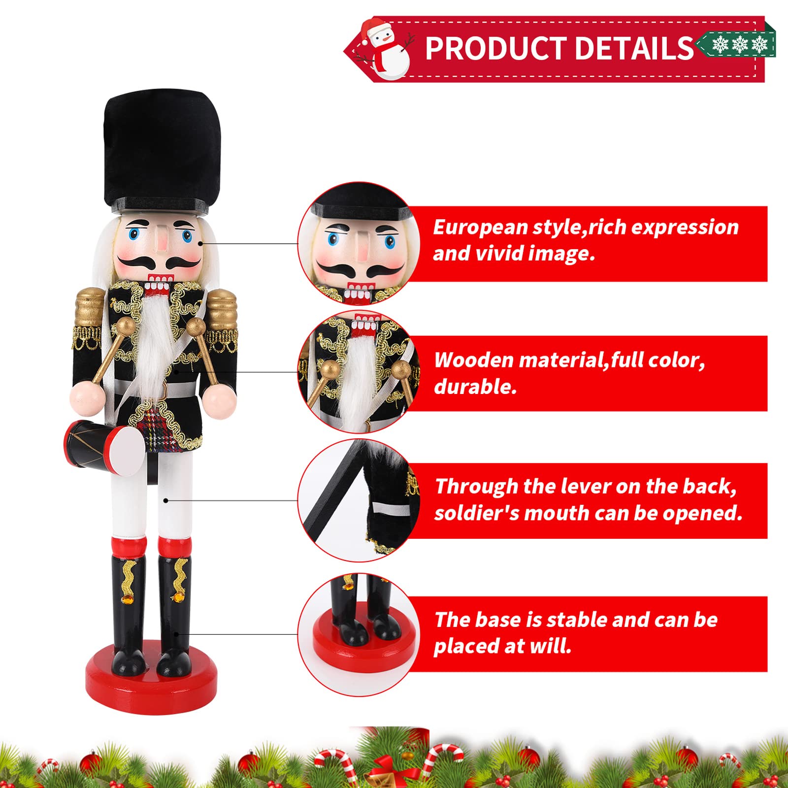 Soldat Casse-Noisette En Bois - Décoration De Noël Traditionnelle, 30 Cm De Haut, Couleur Verte (ou Autres)