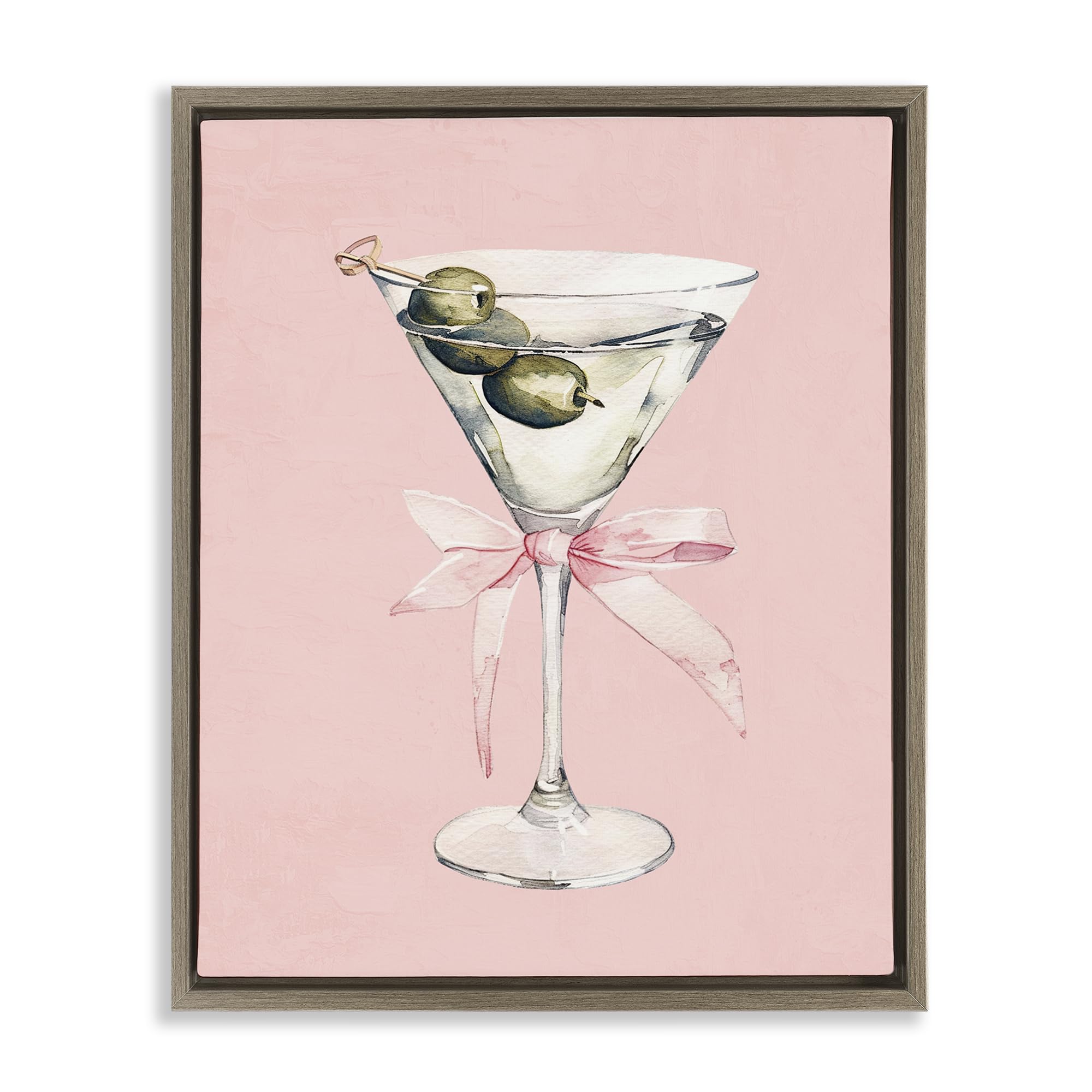 Stupell Industries Montalcino Elm (Textured) 'Martini With Pink Bow'| Floating Frame Canvas Art