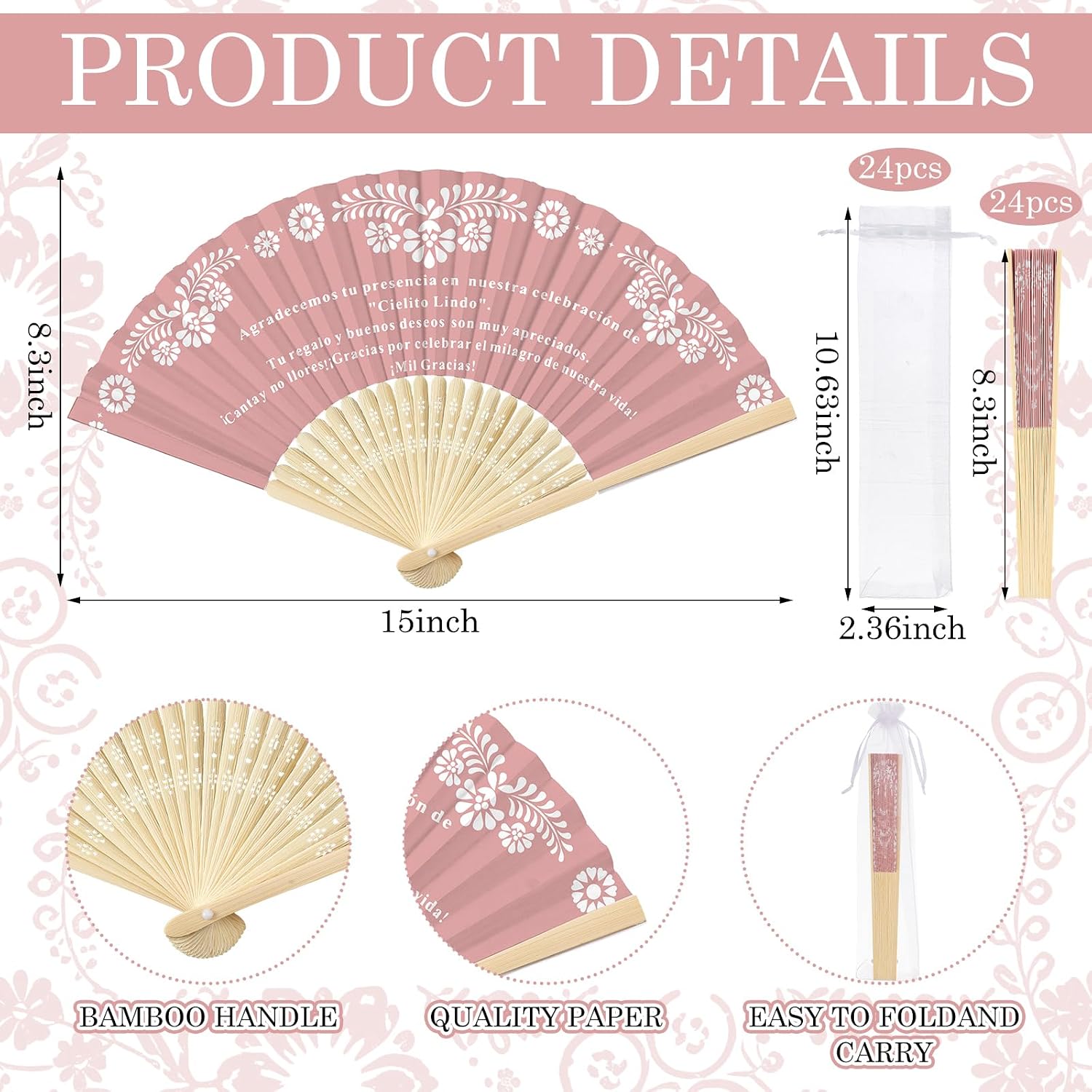Barydat 24 Sets Cielito Lindo Baby Shower Favors De Barro Paper Hand Fans with Organza Bags Mexican Folding Fans Handheld Home Decor DIY Supplies for Guest Talavera Bridal Baby Shower(Pink)