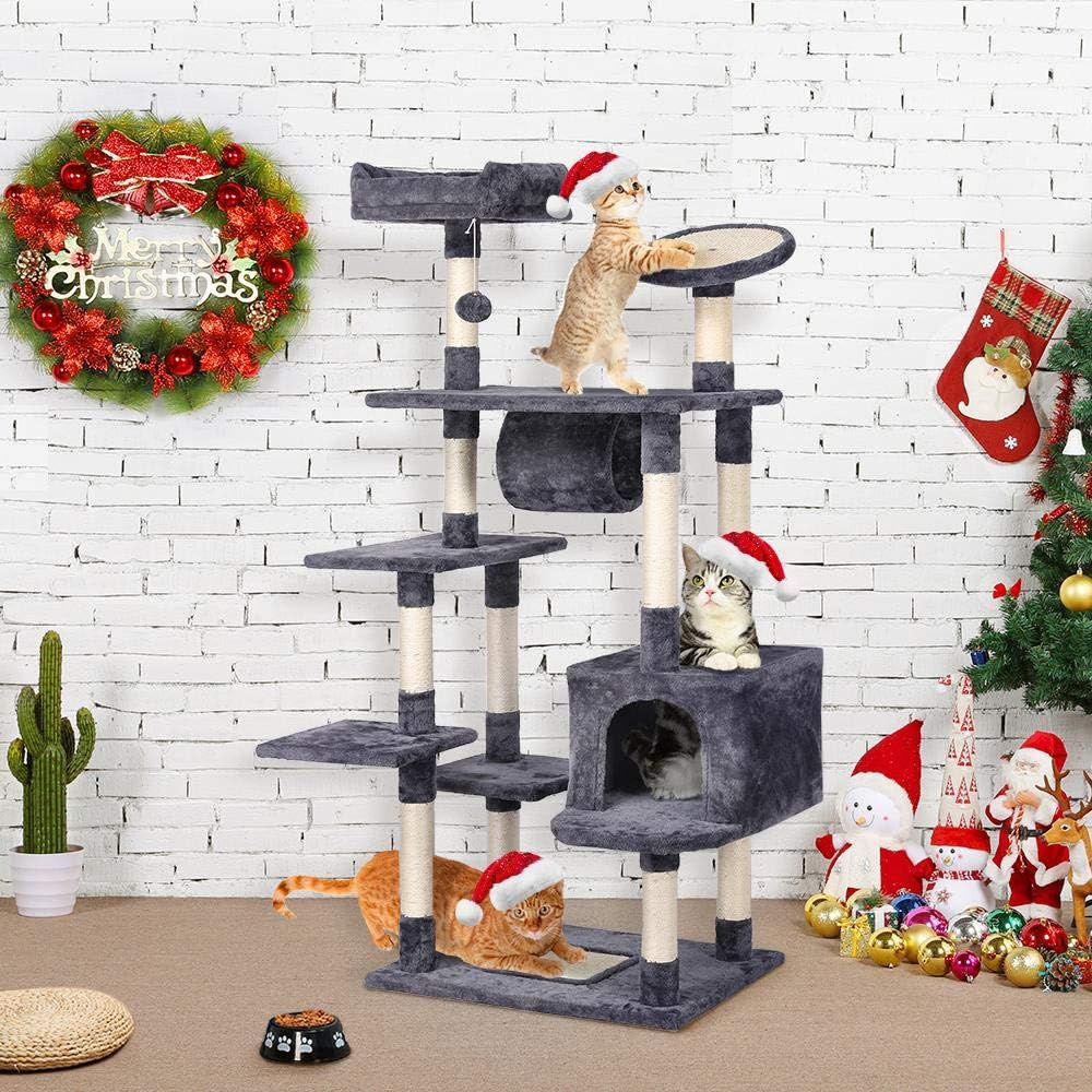 Yaheetech 62-inch Cat Tree Condo with Scratching Post Plush Perch and Tunnel, Cat Tower Furniture Gray