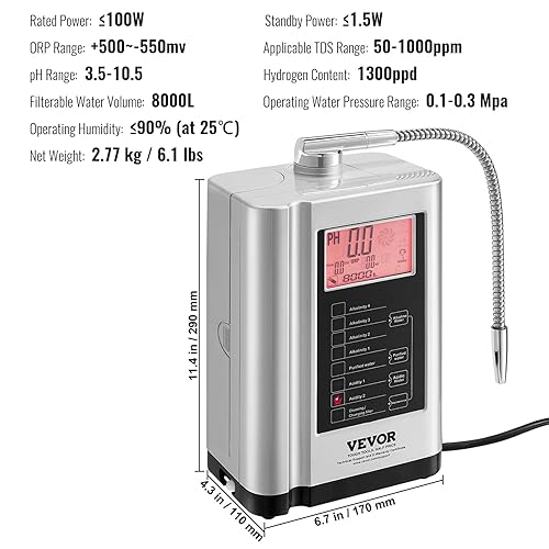 Miniatura 7 de VEVOR Máquina ionizadora de agua alcalina, pH 3.5-10.5 Purificador de agua de hidrógeno ácido alcalino, 7 ajustes de agua Sistema de filtración para