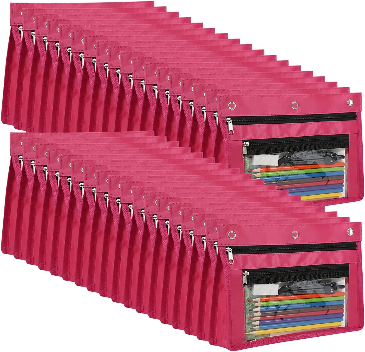 YoeeJob 36 Pack 1 Inch Expandable Zipper Pencil Pouches with Clear Window for 3 Ring Binder, Suitable for School & Office(Rose Red)