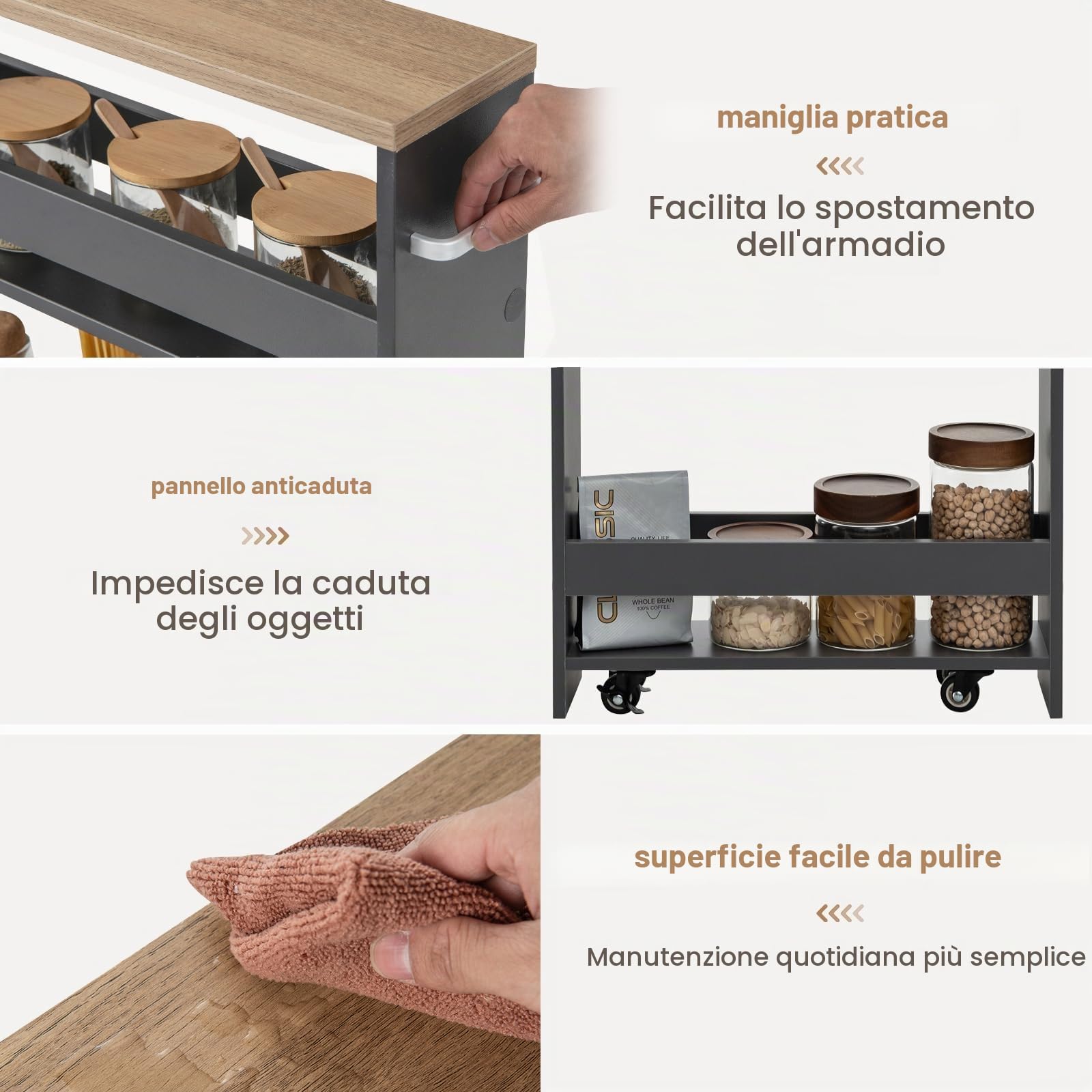 FANTASK Carrello da cucina stretto su ruote, scaffale per nicchia 13 cm di larghezza, 4 ripiani, carrello per nicchia con manico e ringhiere, mensola da bagno in legno, per cucina e bagno, 47,5 x 13 x