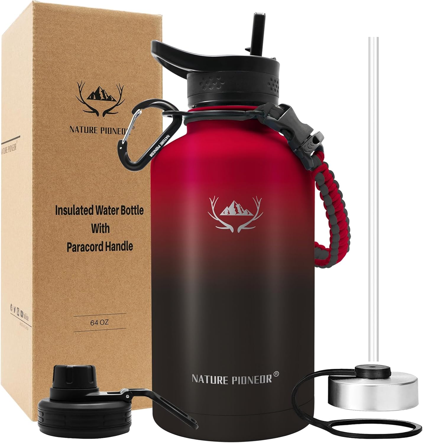 NATURE PIONEOR Insulated Water Bottles with Paracord Handle - 64 oz Vacuum Sports Wide Mouth Water Bottle with 3 Lids, Leak Proof Stainless Steel Keeps Hot and Cold