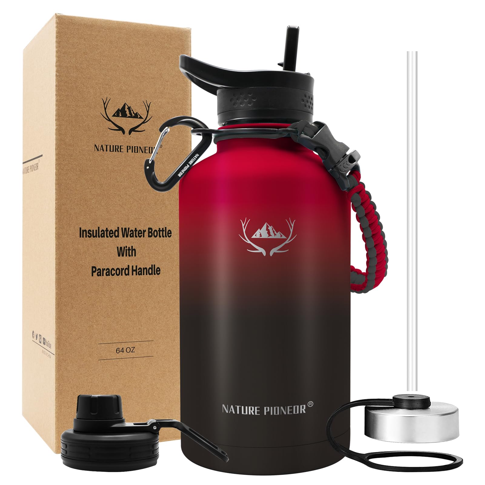 NATURE PIONEOR Insulated Water Bottles with Paracord Handle - 64 oz Vacuum Sports Wide Mouth Water Bottle with 3 Lids, Leak Proof Stainless Steel