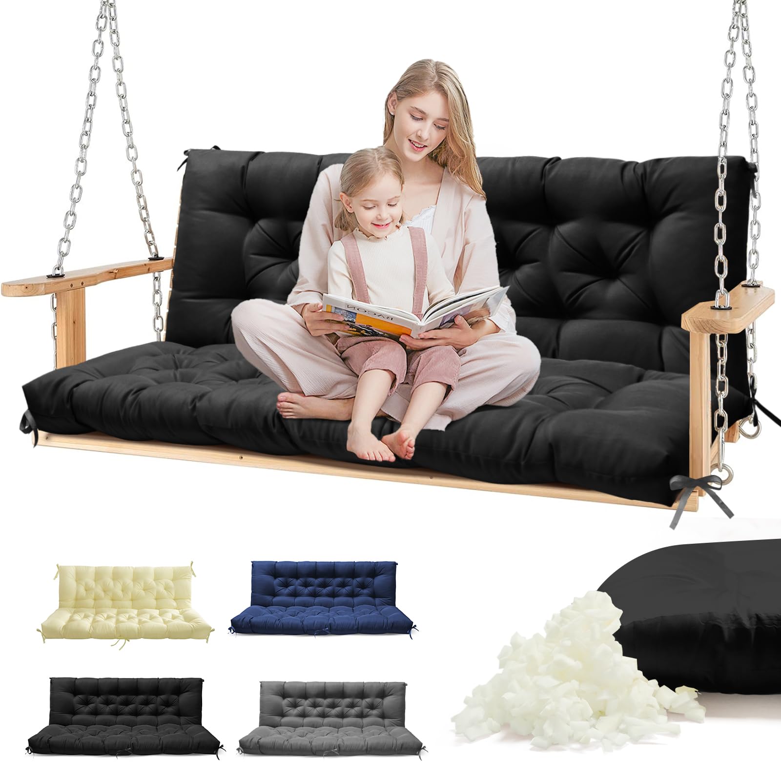 Porch Swing Cushions, Waterproof Patio Swing Cushions for Outdoor Furniture Thickened Outdoor Swing Bench Cushions 2-3 Seater Replacement with Ties for Outdoor Patio Swing (Black, 60x40 in)