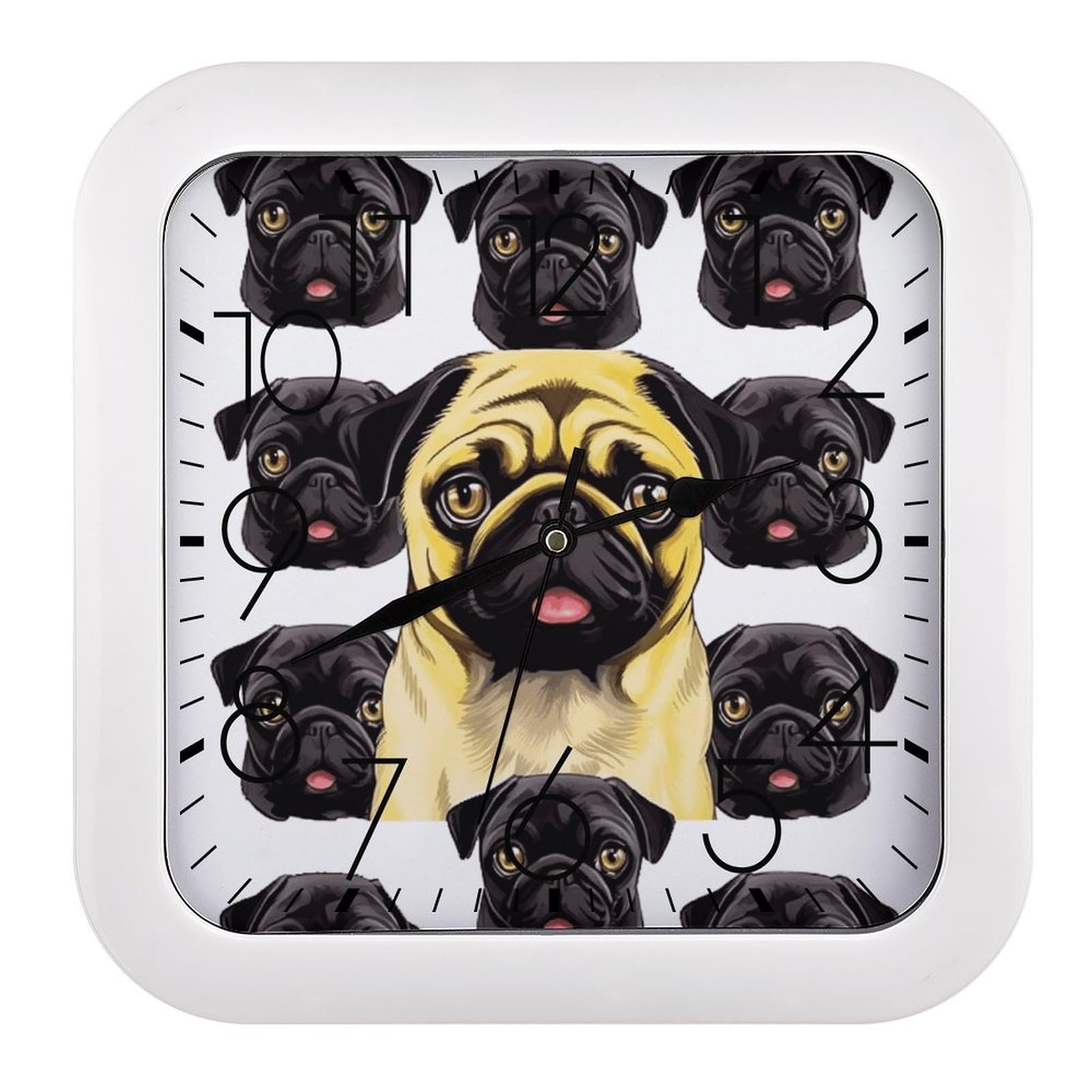 MUSM 10.2 X 10.2 Inch Modern Black Yellow Pug Wall Clock Battery Operated High Accuracy Decorative Square Clocks for Kitchen Bedroom Living Room Home Office Porch