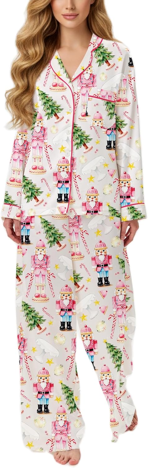 Women Christmas Satin Silk 2 Piece Pajama Set Button Down Santa Print Long Sleeve Pants Pjs Holiday Sleepwear - Image 2