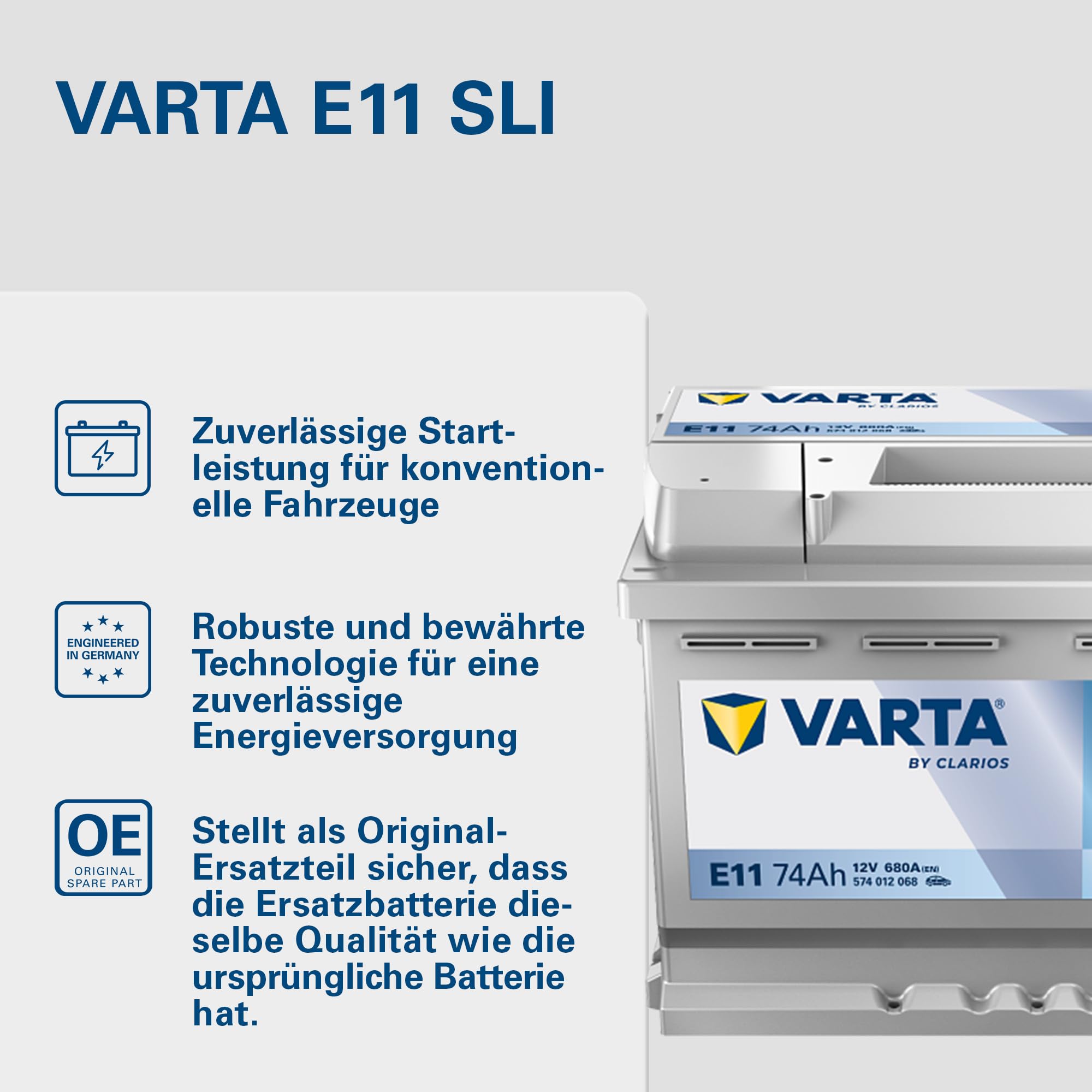 VARTA Automotive DYNAMIC SLI (E11) 12V 74Ah 680A - Nassbatterie KFZ mit Standardausstattung & ohne Start-Stopp System - Starterbatterie für einfachen Energiebedarf - Bleisäurebatterie wartungsfrei
