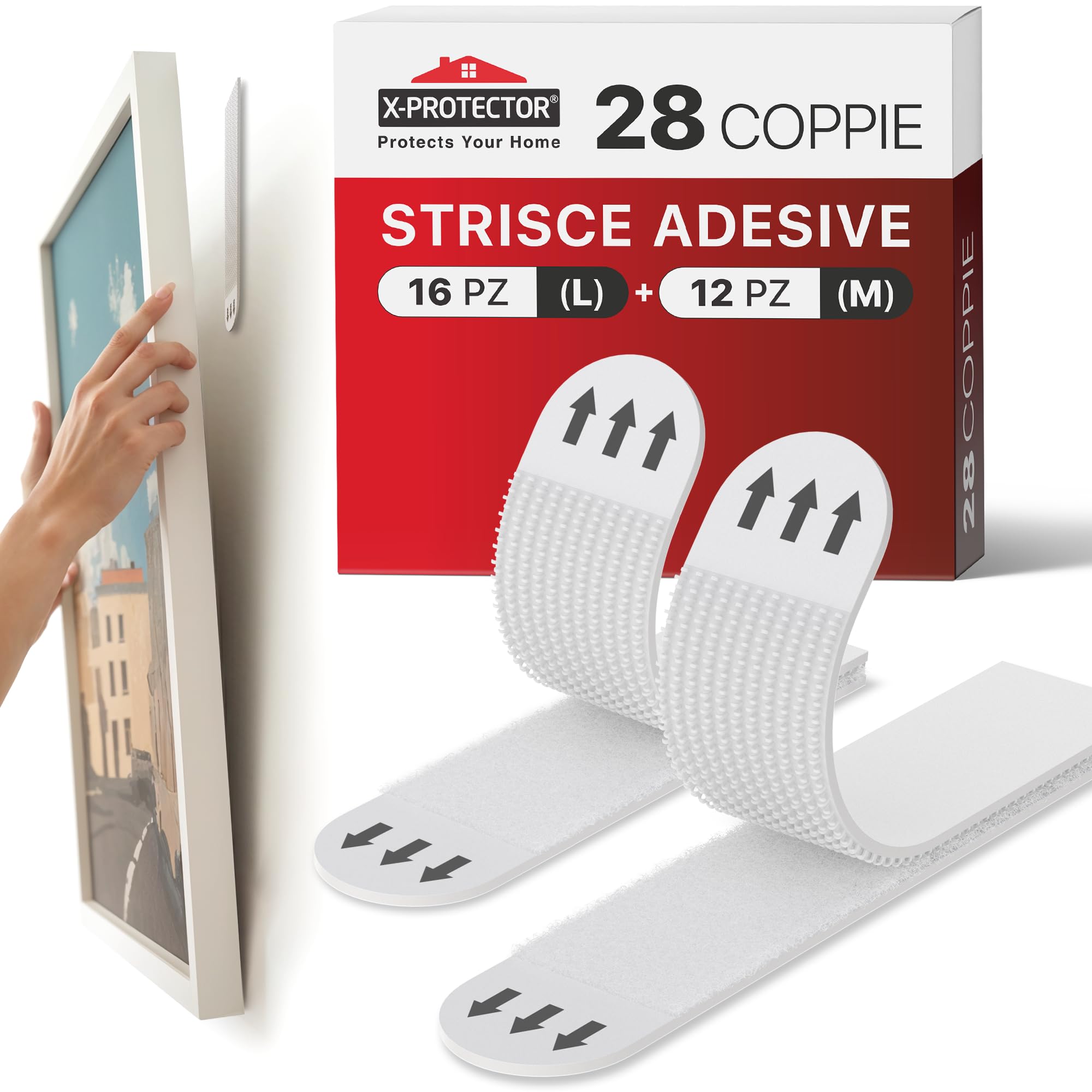 X-Protector Strisce Appendi Quadri - 28 Pairs Appendi Quadri Adesivi - Adesivi Per Quadri Muro - Adesivi Per Muro - Ganci Adesivi Per Quadri Fino A 9 Kg (Taglia M+L)-image