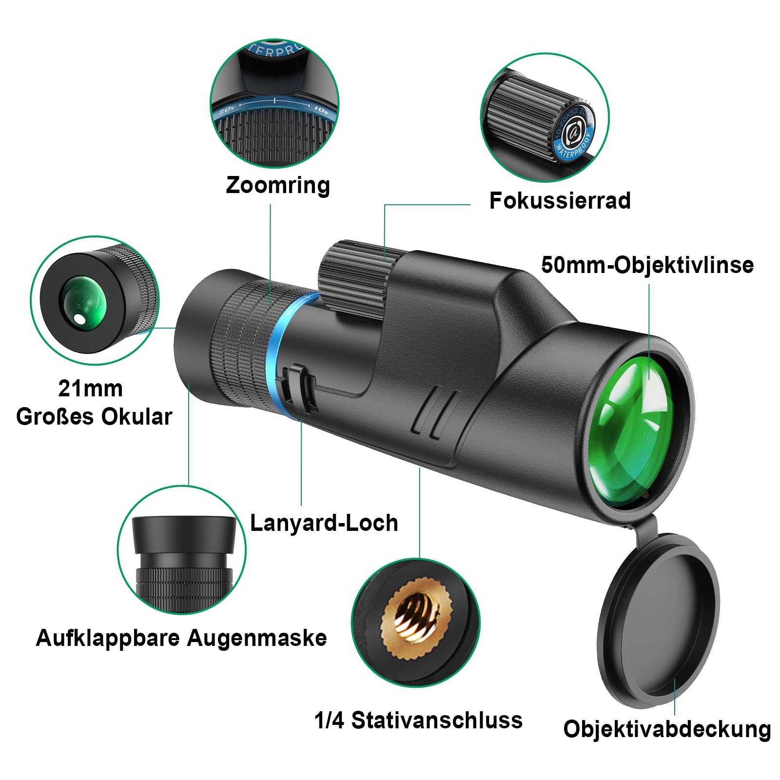 APEXEL 10-20X50 Optischer Zoom Monocular Telescope,HD Monokulare Fernrohr Erwachsene, BAK4/FMC Wasserdicht Leichtes Teleskop mit Nachtsicht für Wandern Vogelbeobachtung Camping Wildtiere