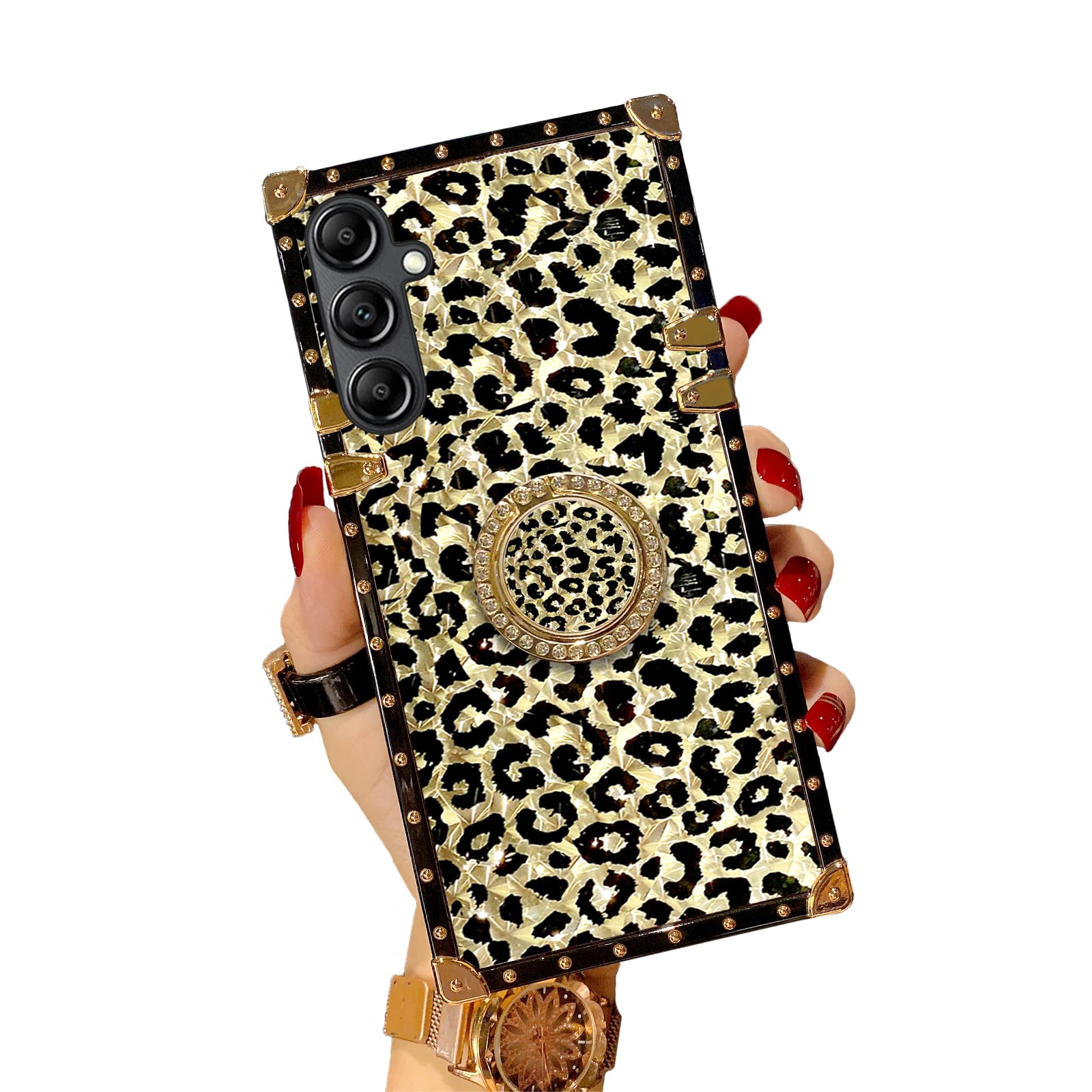 Annyojo for Galaxy A14 5g Phone Case, A14 5g Case for Women Leopard Luxury Golden Glitter Silicone Bumper Square Shockproof Protective Back Cover Soft TPU for Samsung Galaxy a14 5g