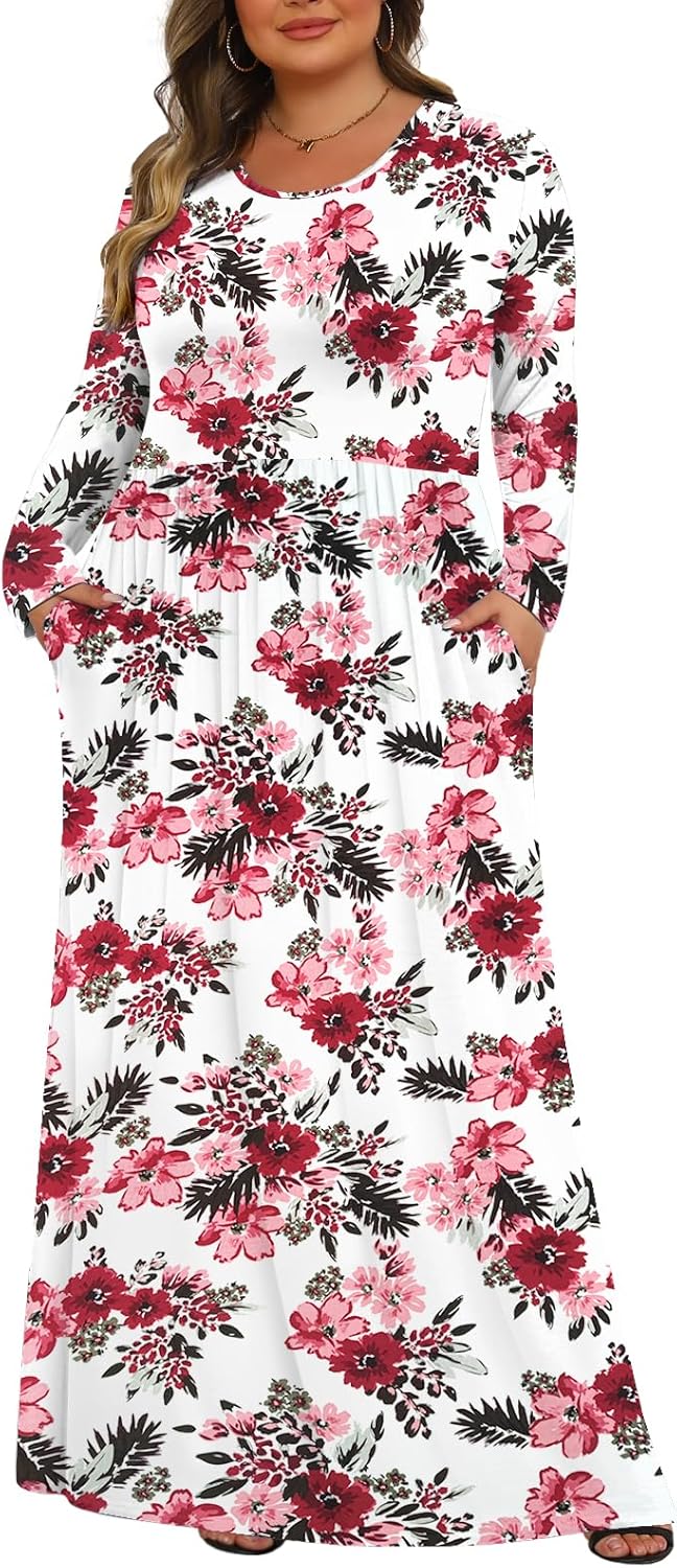 Tencede Womens Plus Size Maxi Dresses Long Sleeve with Pockets Casual Long Dress 1X-5X