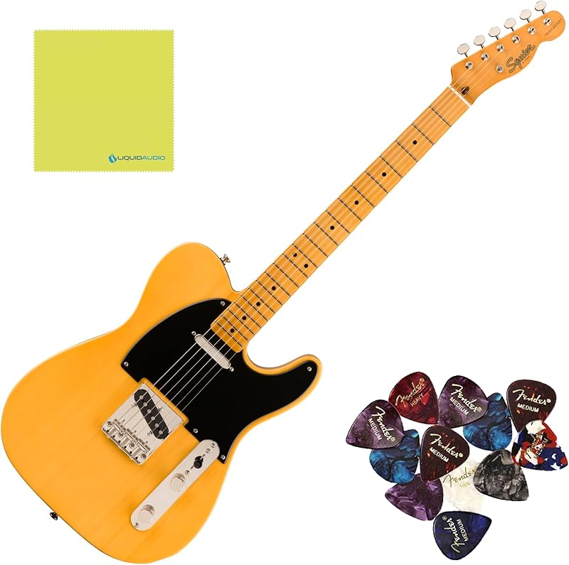 Squier Classic Vibe '50s Telecaster, diapasón de arce, rubio caramelo | 0374030550, paquete de 12 púas de guitarra, paño de pulido de audio líquido, paquete