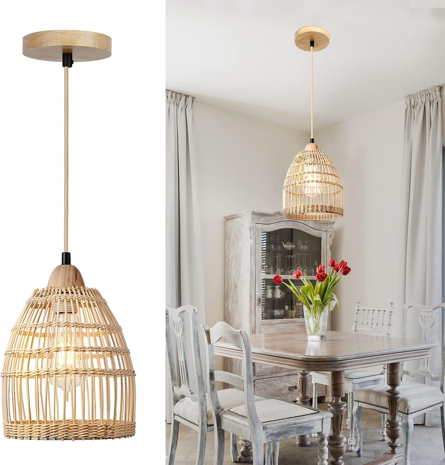 FRIDEKO HOME Pendant Lights Kitchen Island - Rattan, Boho Light Fixture Bamboo Wicker Hanging Lamp for Farmhouse Dining Room Living Room Kitchen Bedroom