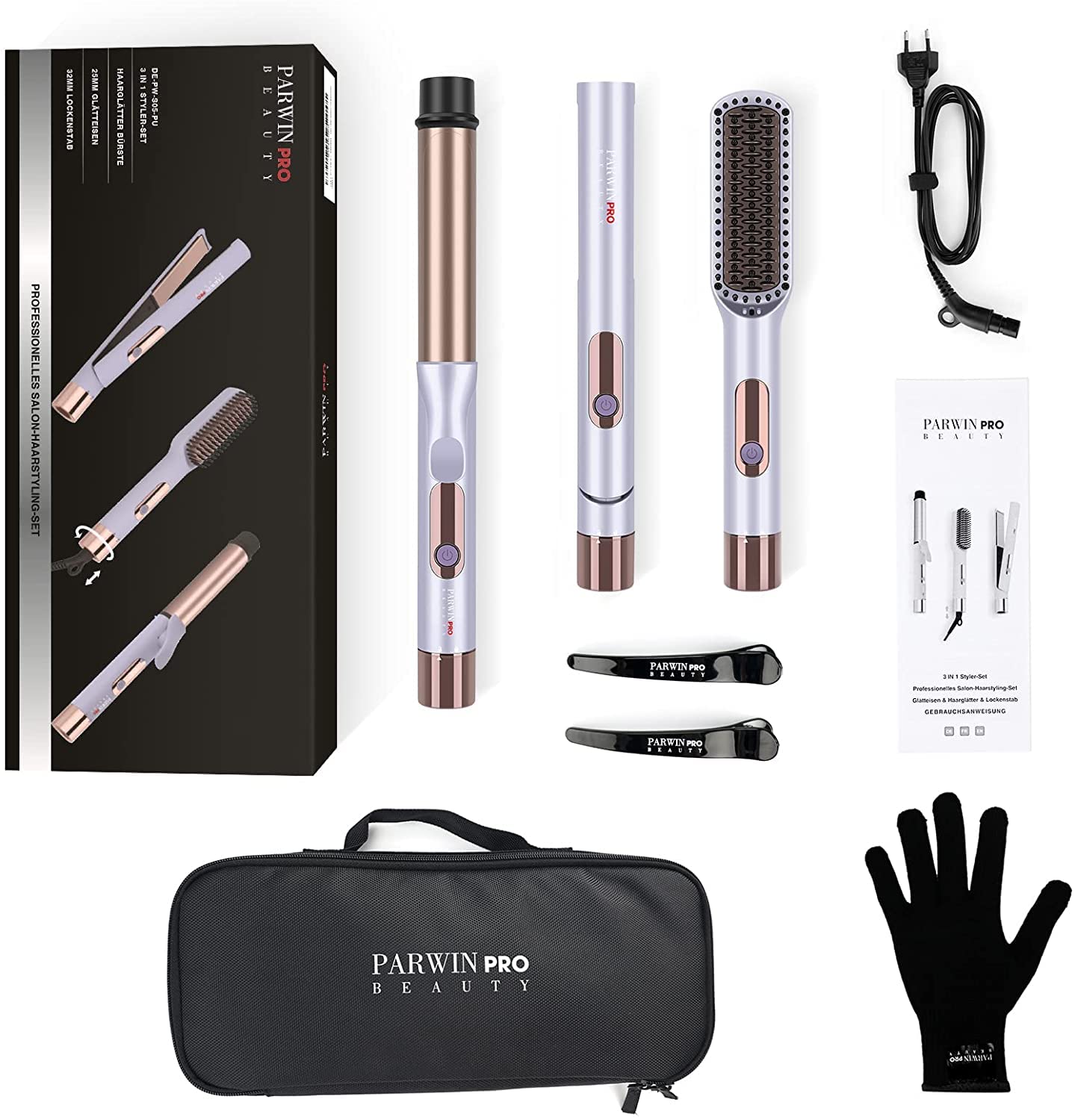 PARWIN PRO BEAUTY Set de estilismo 3 en 1, incluye plancha de 25 mm, rizador de 32 mm y cepillo alisador, con cable de alimentación desmontable, control de temperatura por LED, Púrpura