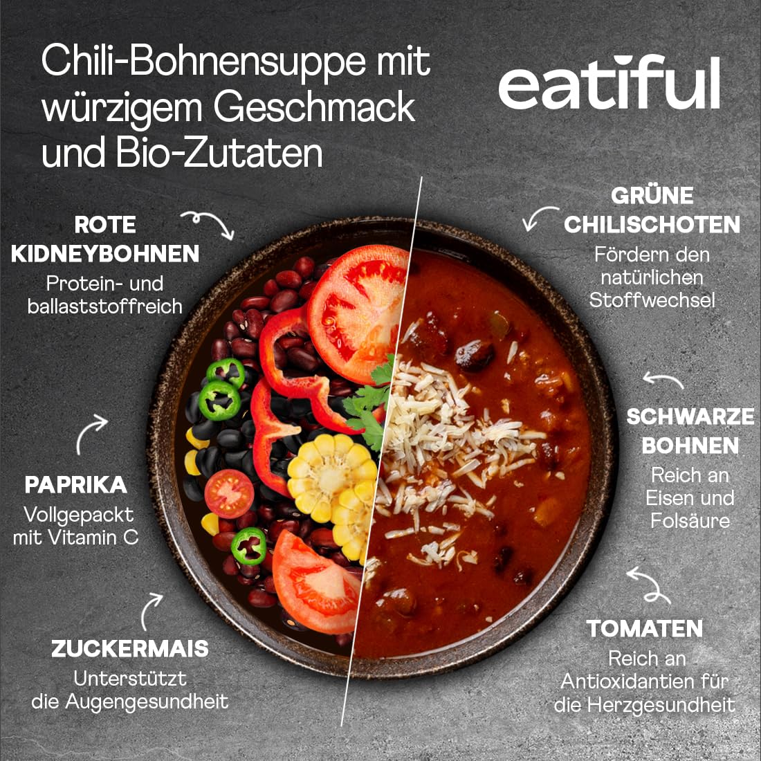 EATIFUL Chili-Suppe, Verzehrfertige Vegane Chili-Bohnensuppe, Hergestellt Aus Biologischem Gemüse, Pflanzlich, Glutenfrei, Ohne Gentechnik, 400g (Packung mit 10 Stück)