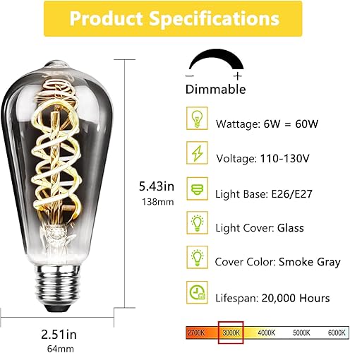 Miniatura 2 de Bombillas LED Edison ST64 vintage equivalentes a 60 W, regulables, 3000 K, blanco cálido, gris ahumado, base E26, filamento LED de 6 W, bombillas de
