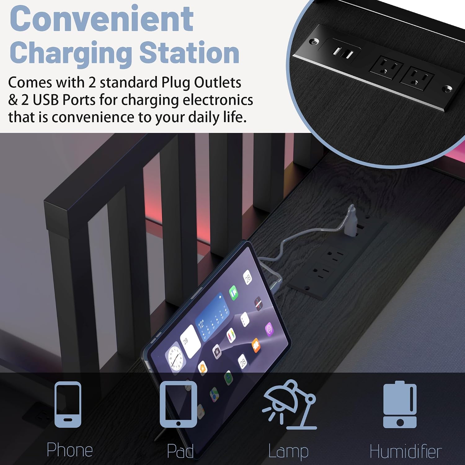 3 Bunk Beds for Kids LED Light,Metal Triple Bunk Bed with USB Charge Station & Storage Shelf, Convertible Three Bunk Beds for Girls Boys Teens,Can be Separated into 3 Beds, Black