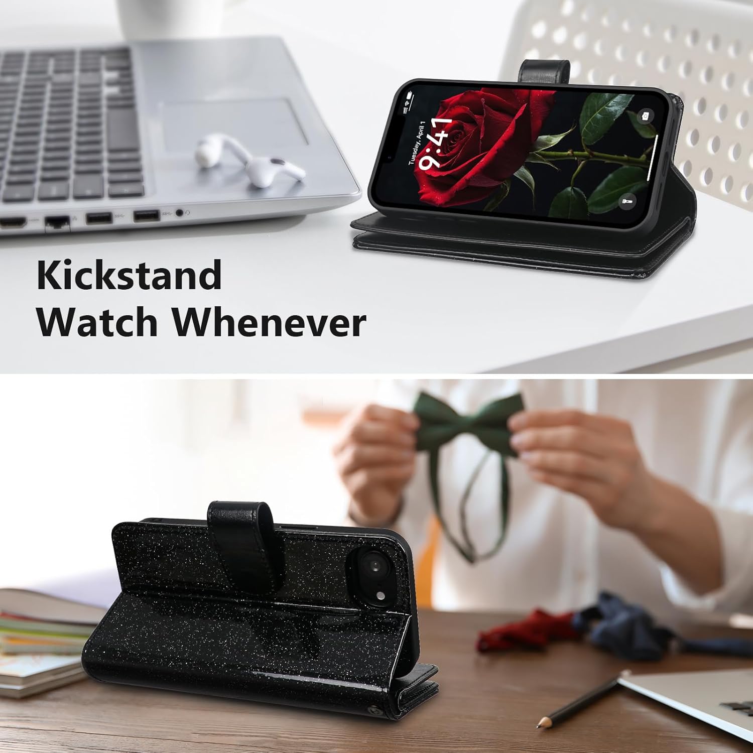 Varikke for iPhone 17e / iPhone 16e Wallet Case Detachable with RFID Blocking Card Holder for Women, Glitter Leather Wrist Strap Strong Magnetic Flip Wallet Removable Phone Case 6.1", Black