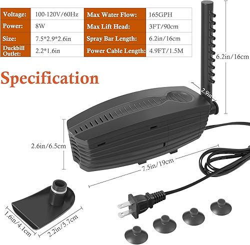 Miniatura 2 de FEDOUR Filtro de acuario U-V de 165 GPH de 8 W, filtro interno sumergible U-V para tanque de 10 a 50 galones, con algodón bioquímico