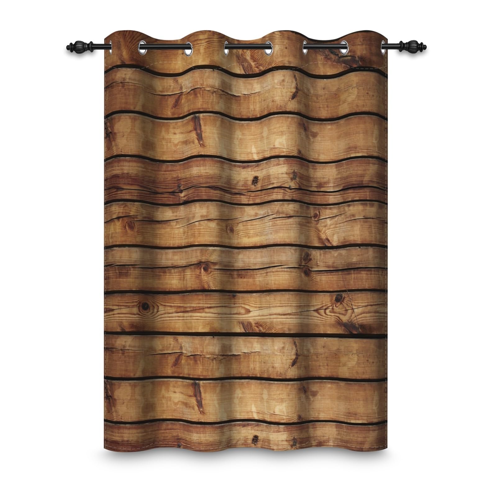 Rideau de fenêtres haut de gamme motif bois marron vintage et finitions œillets