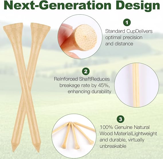 Guirnd 150PCS Professional Wooden Golf Tees 2 3/4 inch Biodegradable Bamboo Golf Tees, Stable and Reliable, Available in Natural Color