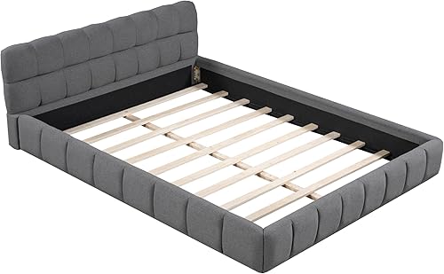 Miniatura 83 de Base de cama LED tapizada tamaño Queen, plataforma flotante de terciopelo con cabecero, MDF moderna y cama de madera contrachapada (beige-081)